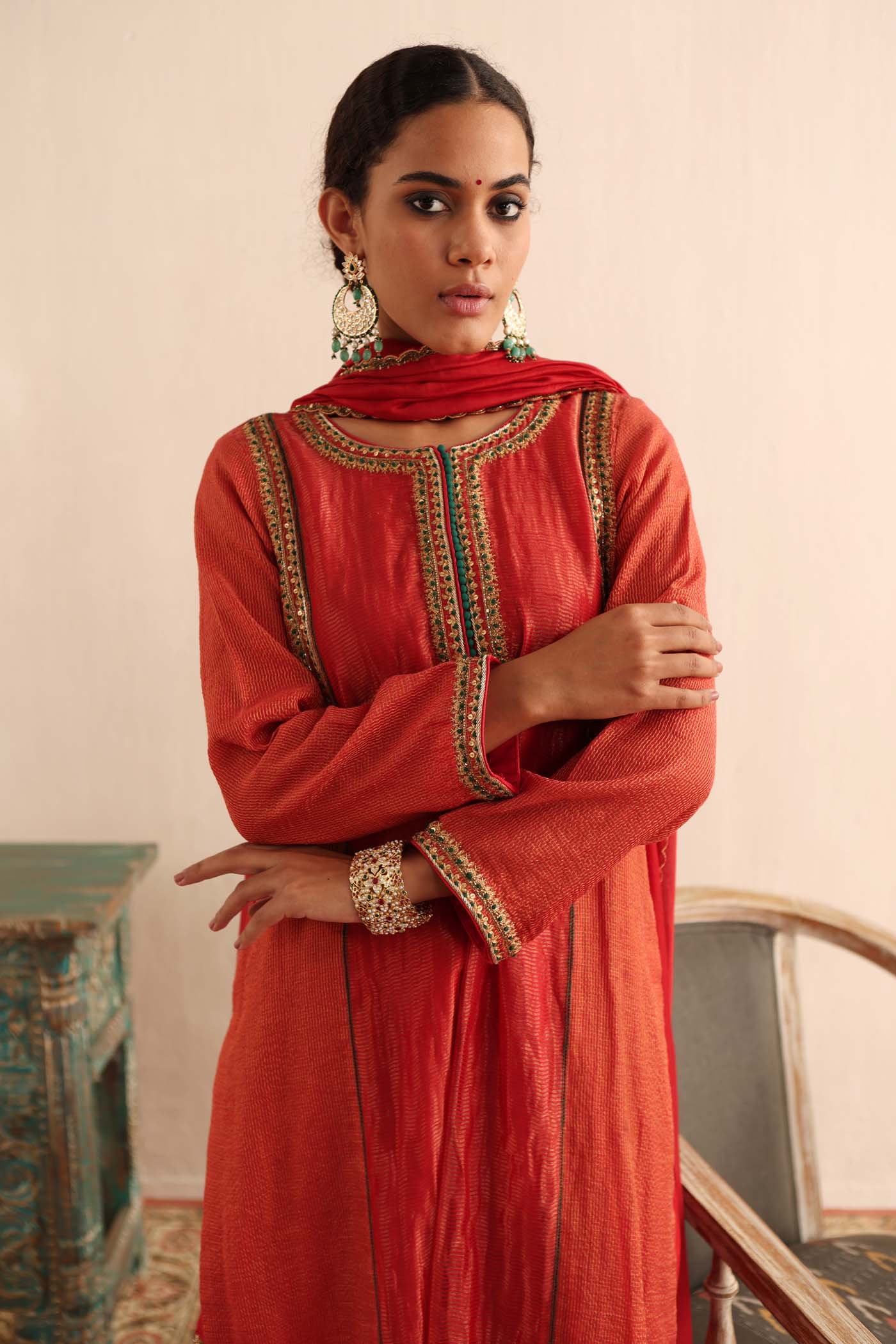 Tomato-Red Hand-Embroidered Handloom Pure Cotton-Silk (Stripes & Checks) Kurta-Pants Set