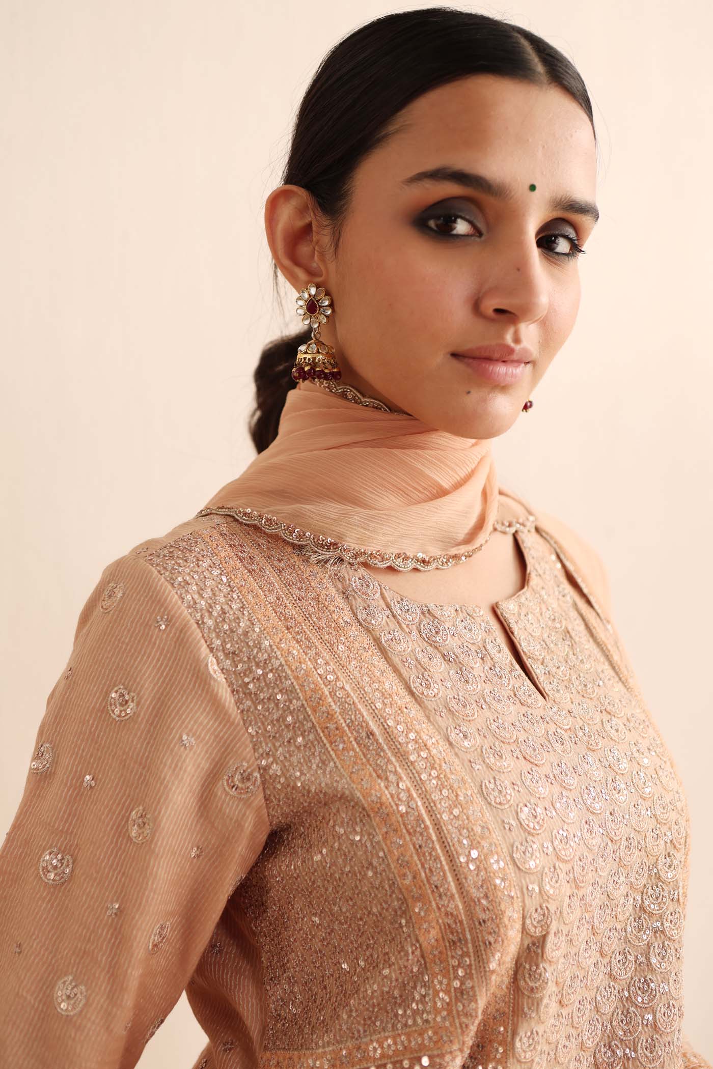 Peach Embroidered (Chaand-Buta) Pure Handloom Silk-Cotton (Stripes & Checks) Kurta-Pants Set