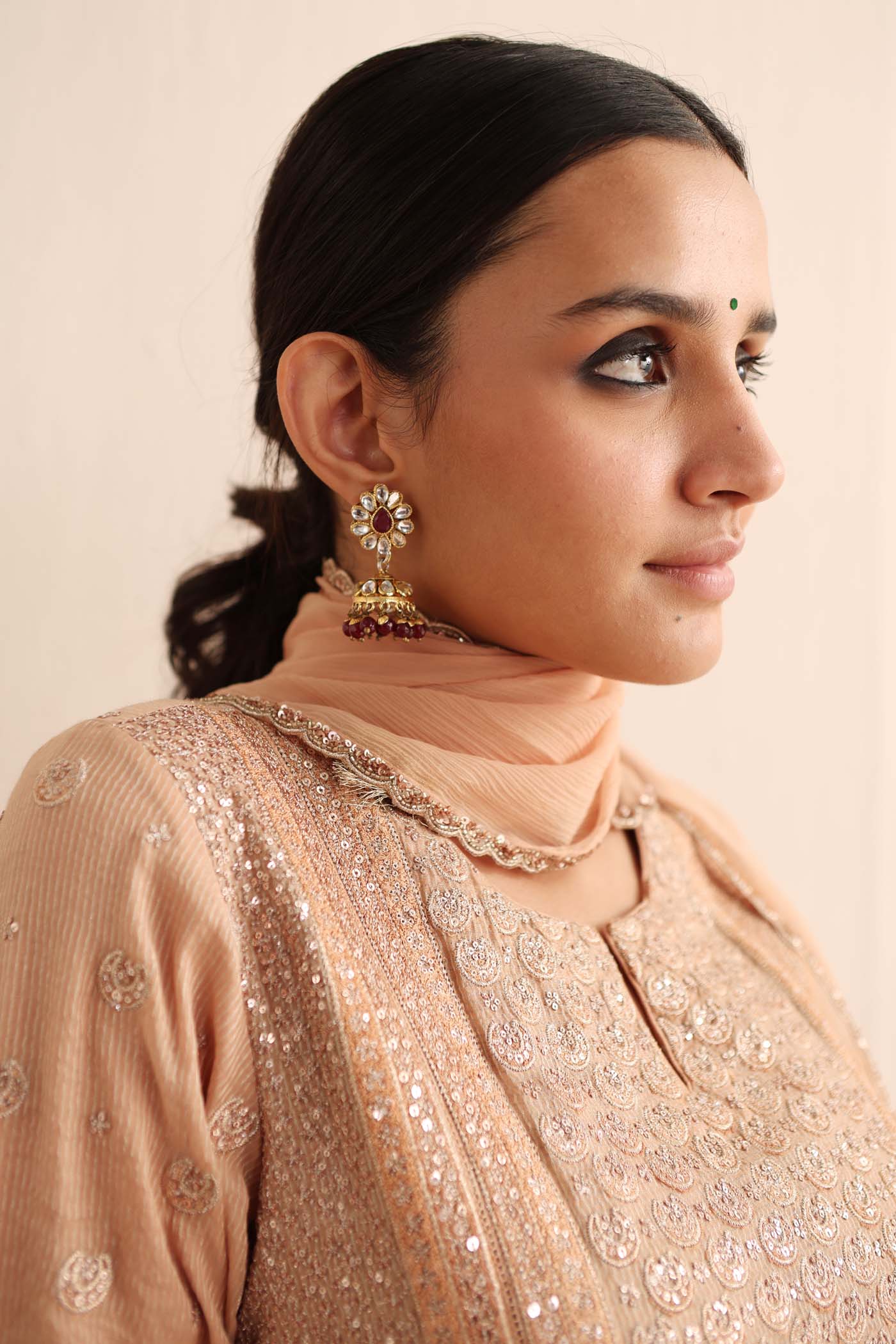 Peach Embroidered (Chaand-Buta) Pure Handloom Silk-Cotton (Stripes & Checks) Kurta-Pants Set