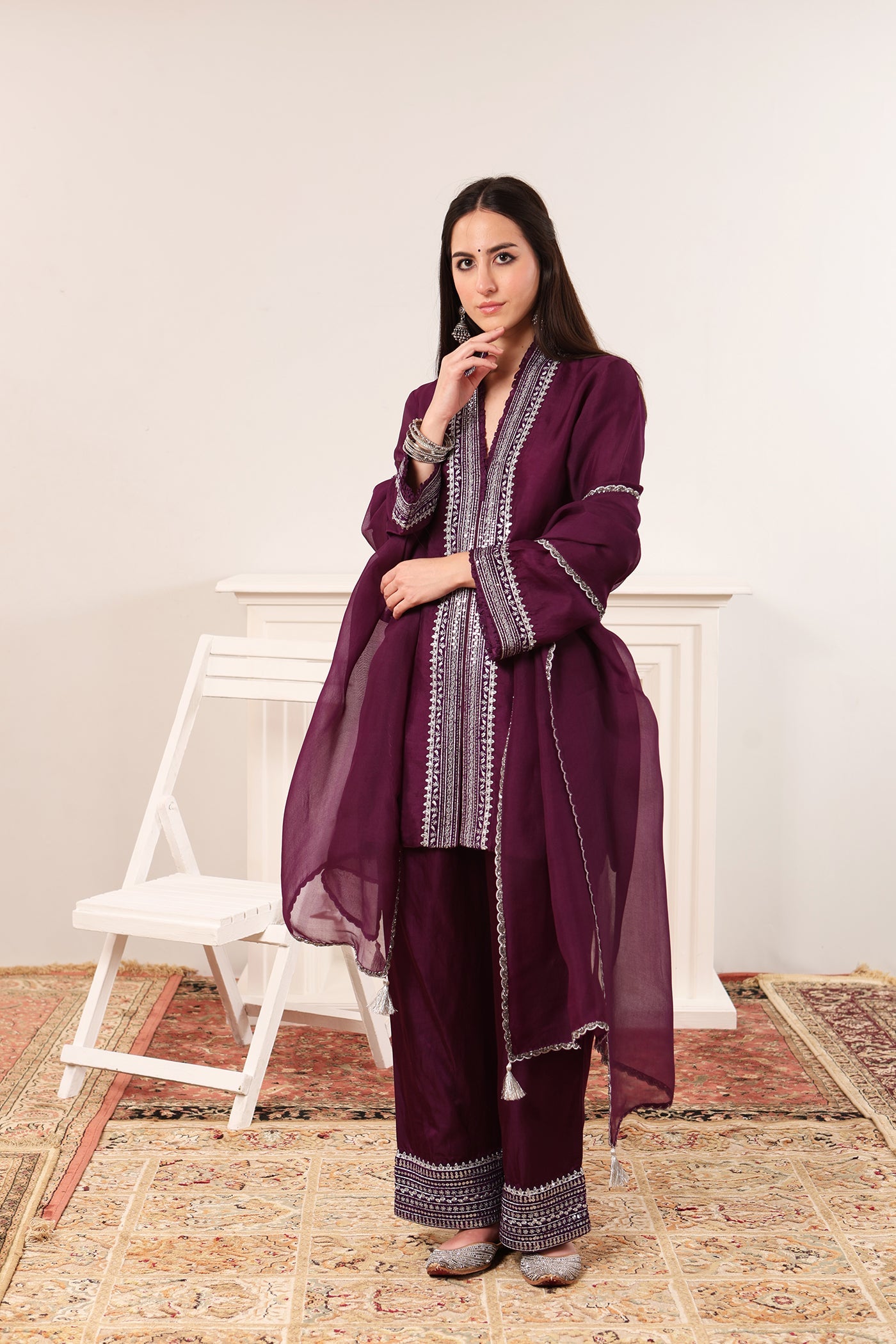 Aubergine Embroidered Pure Silk-Organza Short Kurta-Flared Pants Set