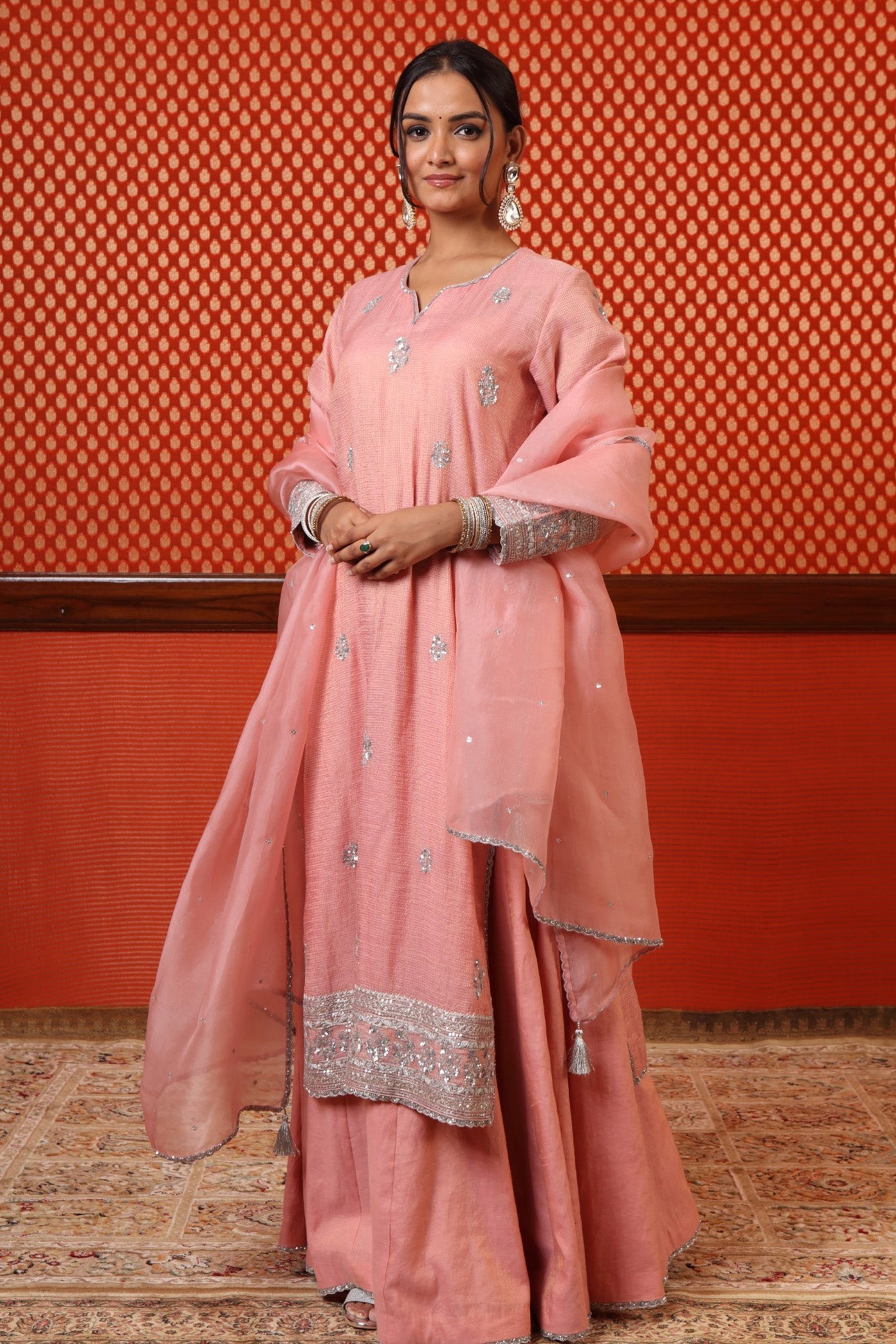 Hand Embroidered Coral Almond (Pink) Pure Silk Cotton Kurta Sharara Set