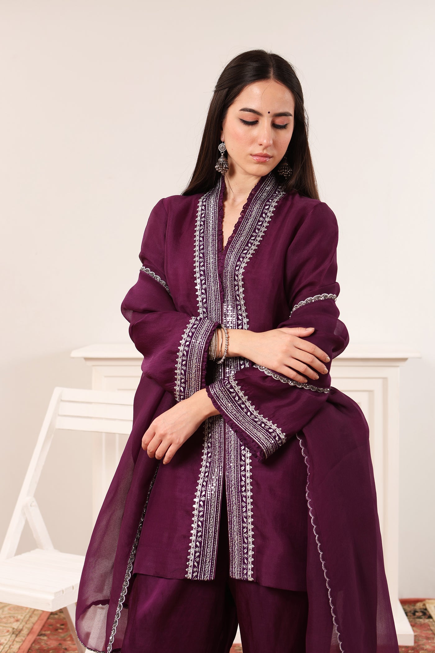 Aubergine Embroidered Pure Silk-Organza Short Kurta-Flared Pants Set