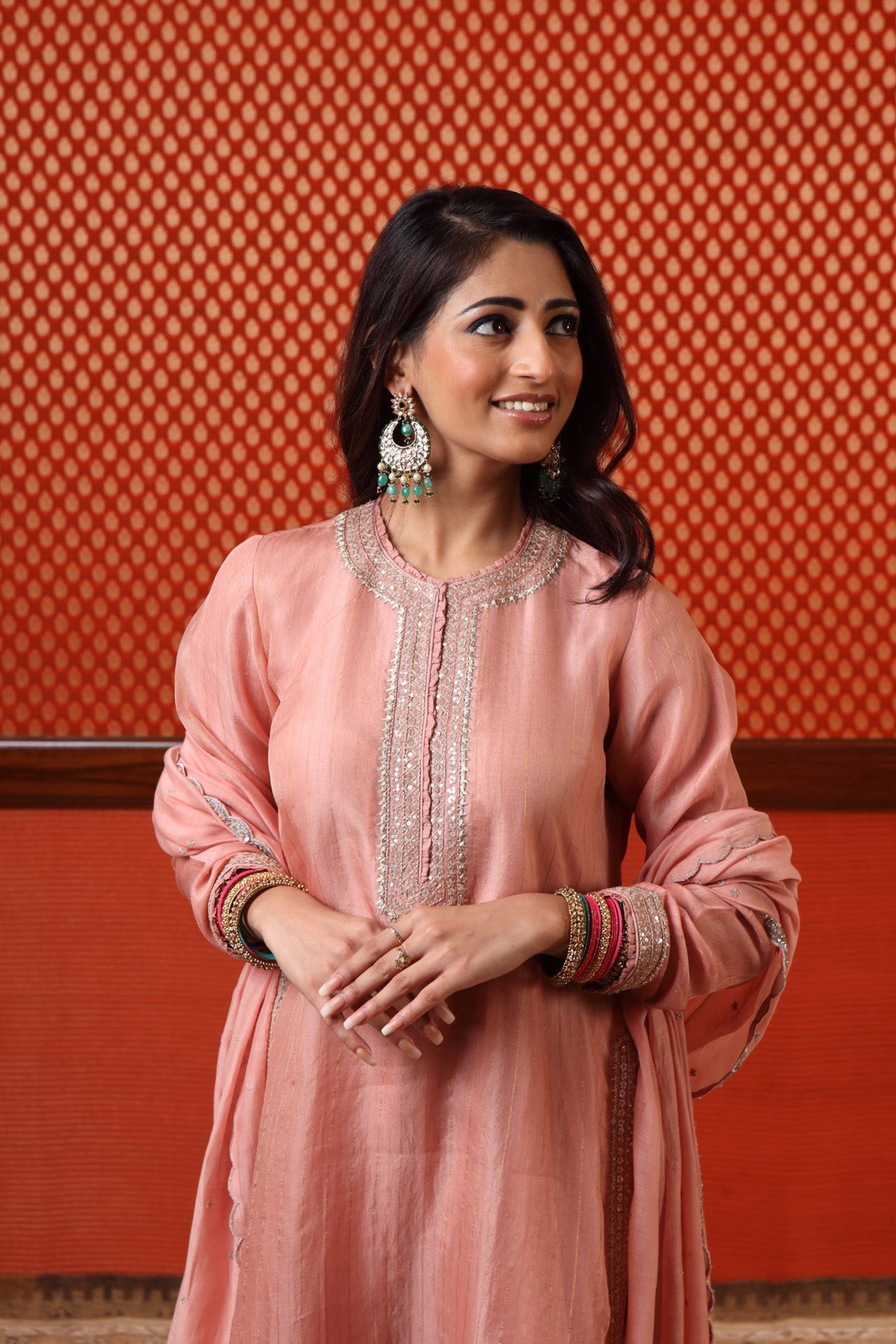 Hand Embroidered Dusty Peach Bud Pure Katan Silk Kurta Salwar Set