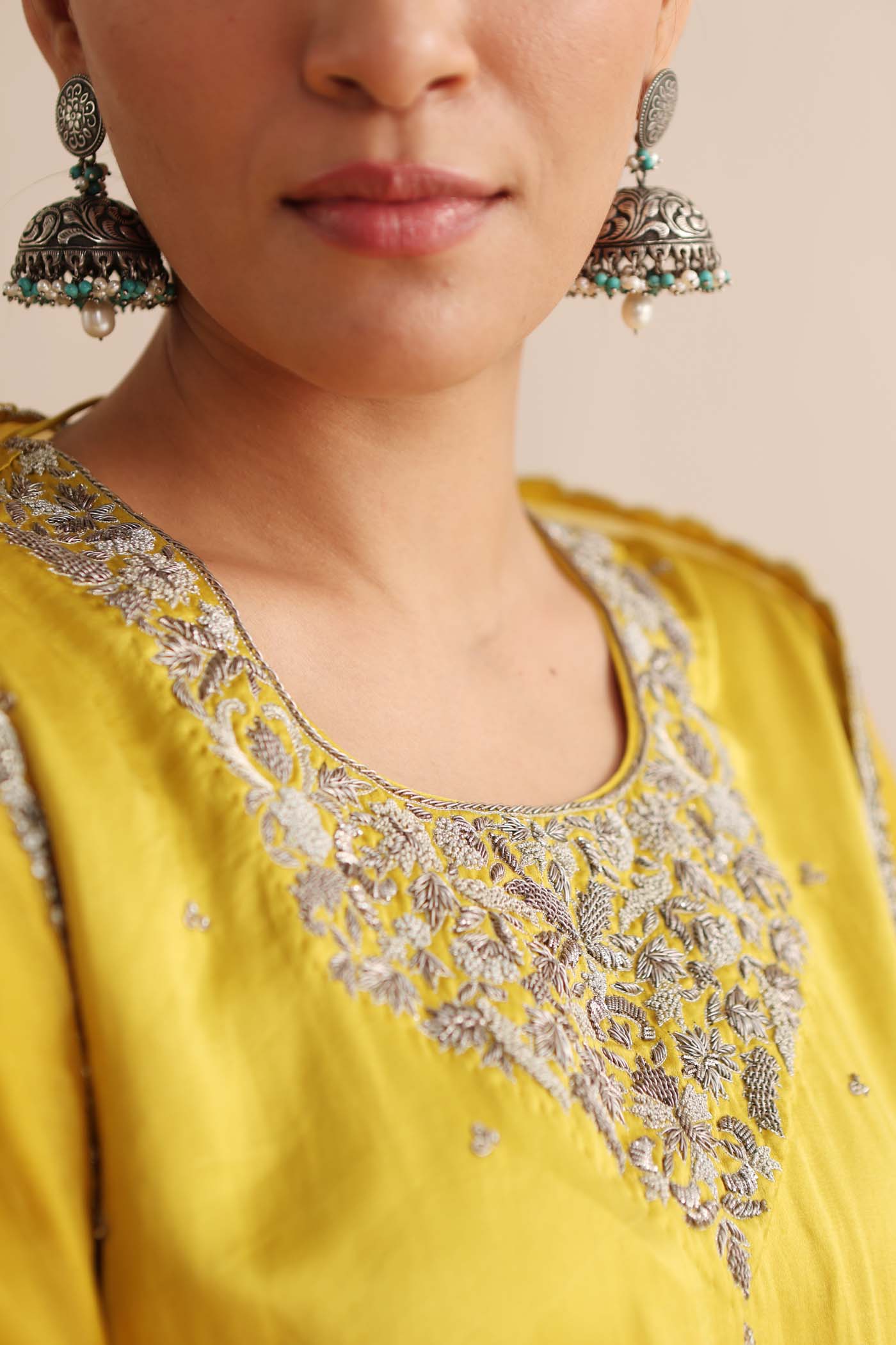 Lime-Yellow Hand-Embroidered Handloom Pure Mashru-Silk (Katan Silk & Cotton) Kurta-Pants Set