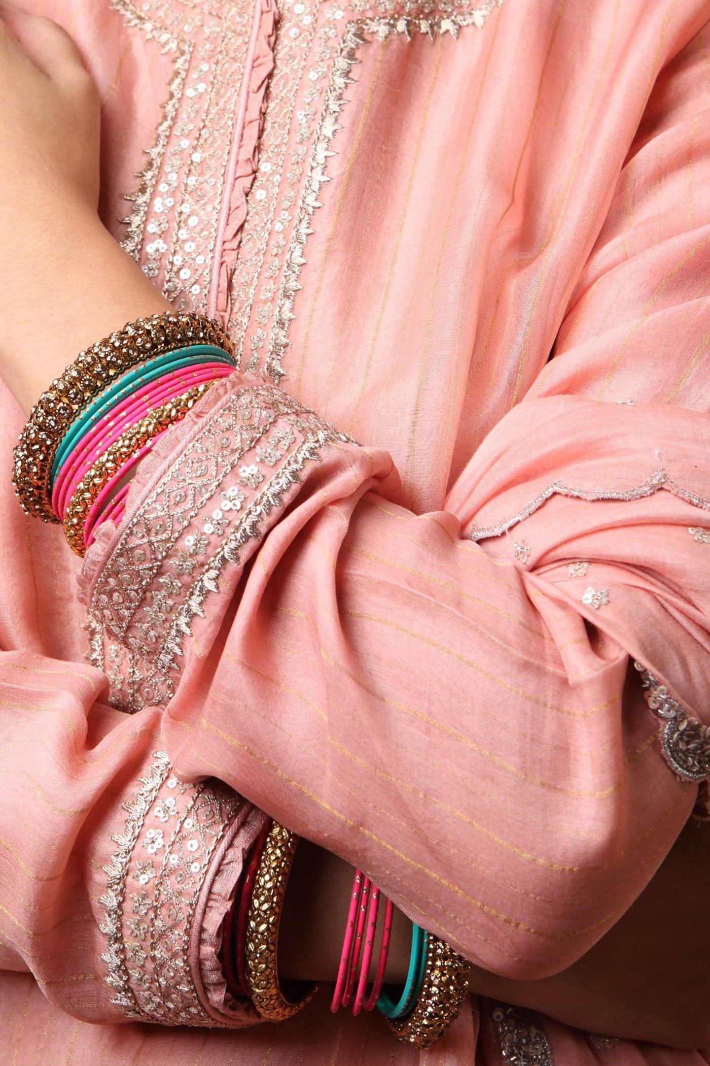 Hand Embroidered Dusty Peach Bud Pure Katan Silk Kurta Salwar Set