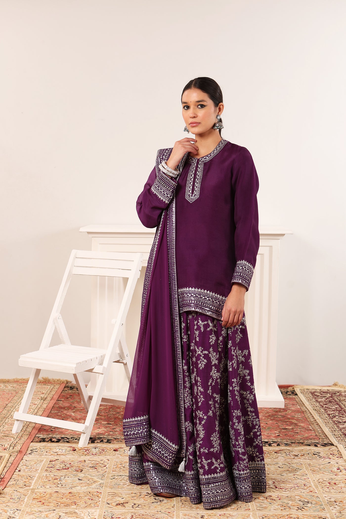 Aubergine Hand-Embroidered Pure Silk-Organza Short-Kurta-Sharara Set
