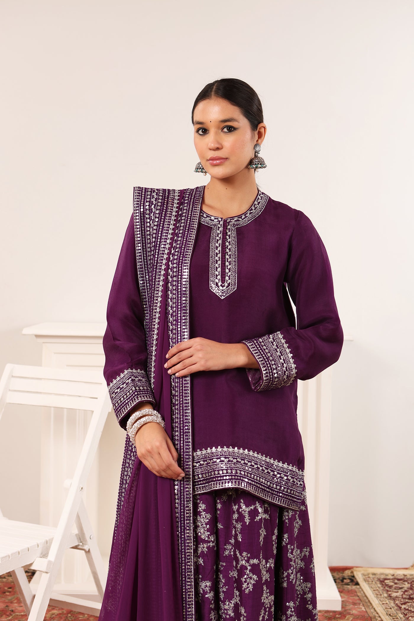 Aubergine Hand-Embroidered Pure Silk-Organza Short-Kurta-Sharara Set