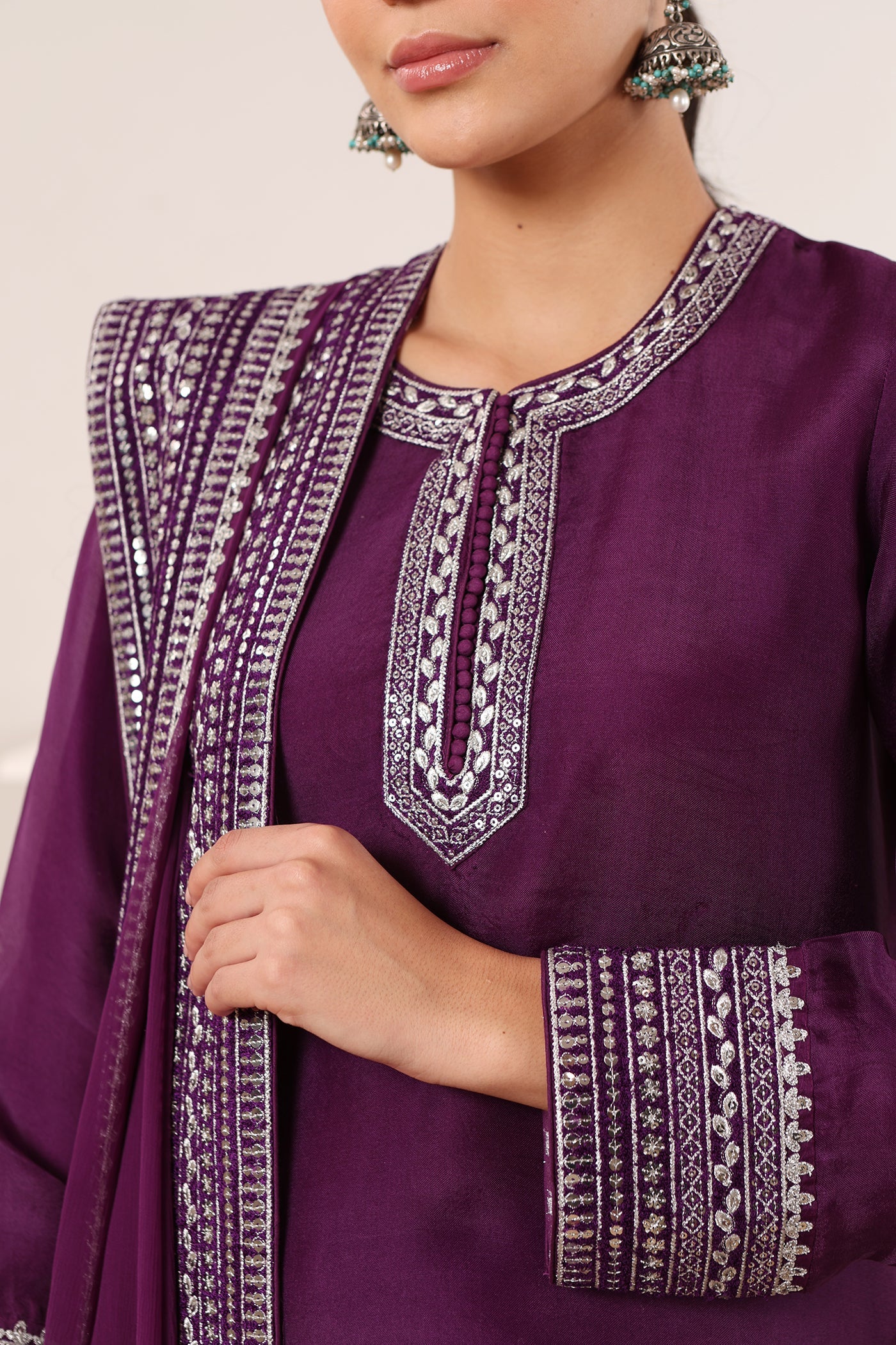Aubergine Hand-Embroidered Pure Silk-Organza Short-Kurta-Sharara Set