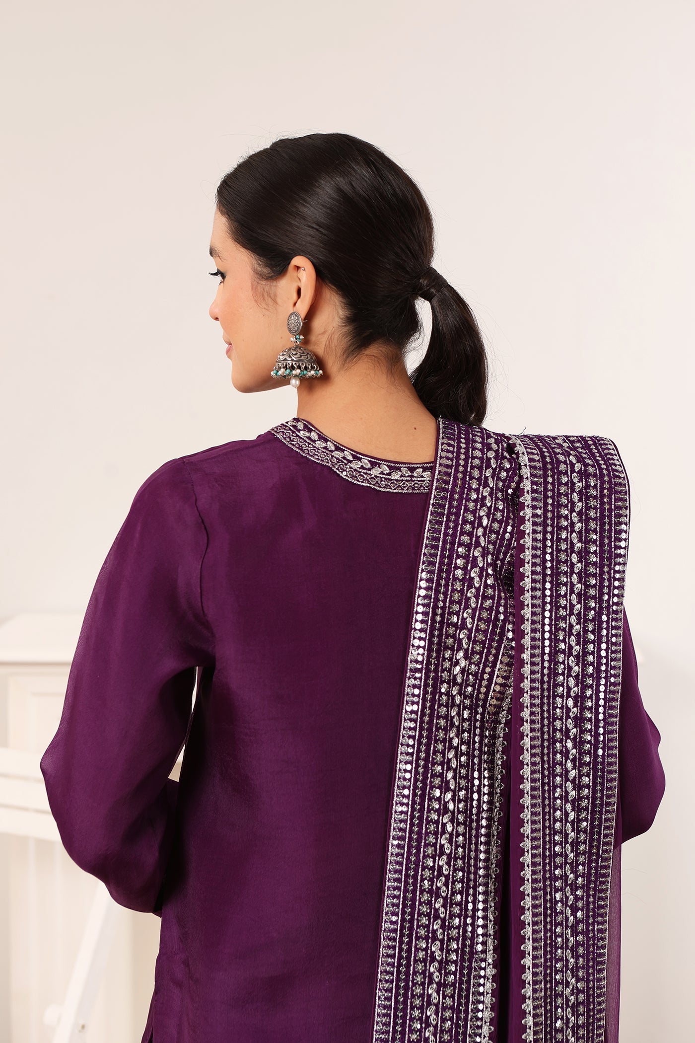 Aubergine Hand-Embroidered Pure Silk-Organza Short-Kurta-Sharara Set