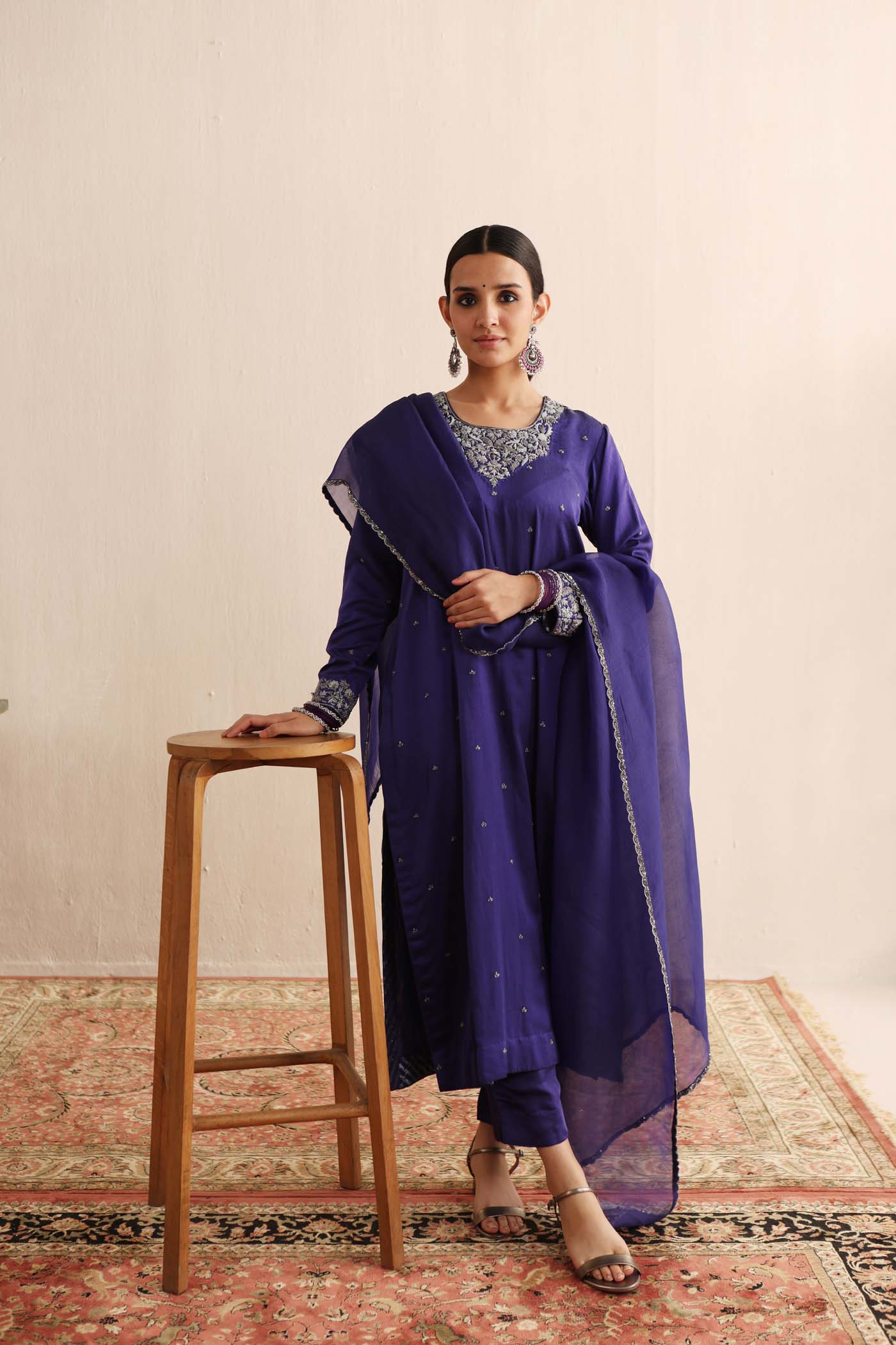 Royal-Blue Hand-Embroidered Handloom Pure Mashru-Silk (Katan Silk & Cotton) Kurta-Pants Set