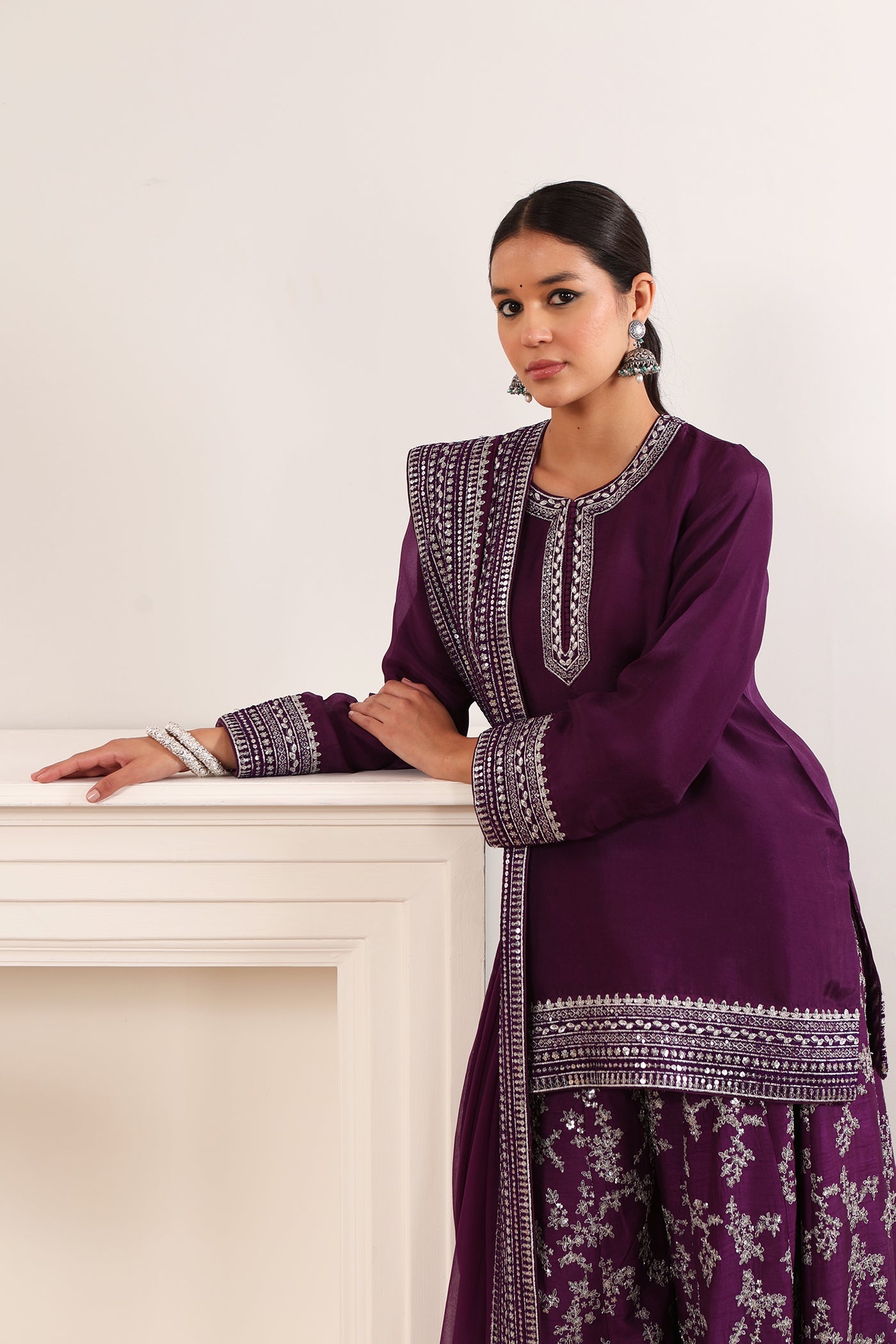 Aubergine Hand-Embroidered Pure Silk-Organza Short-Kurta-Sharara Set