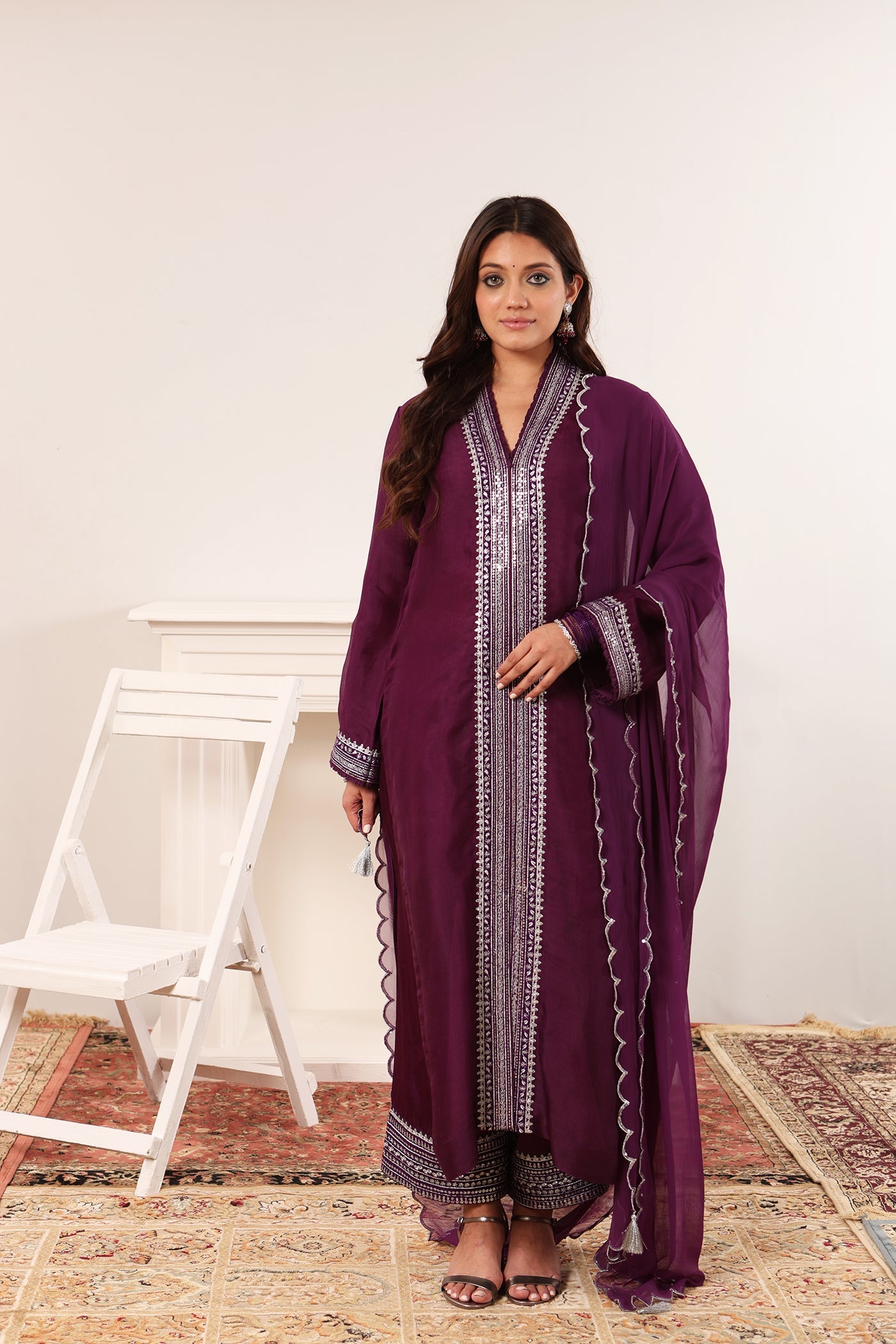 Aubergine Embroidered Pure Silk-Organza Kurta-Pants Set