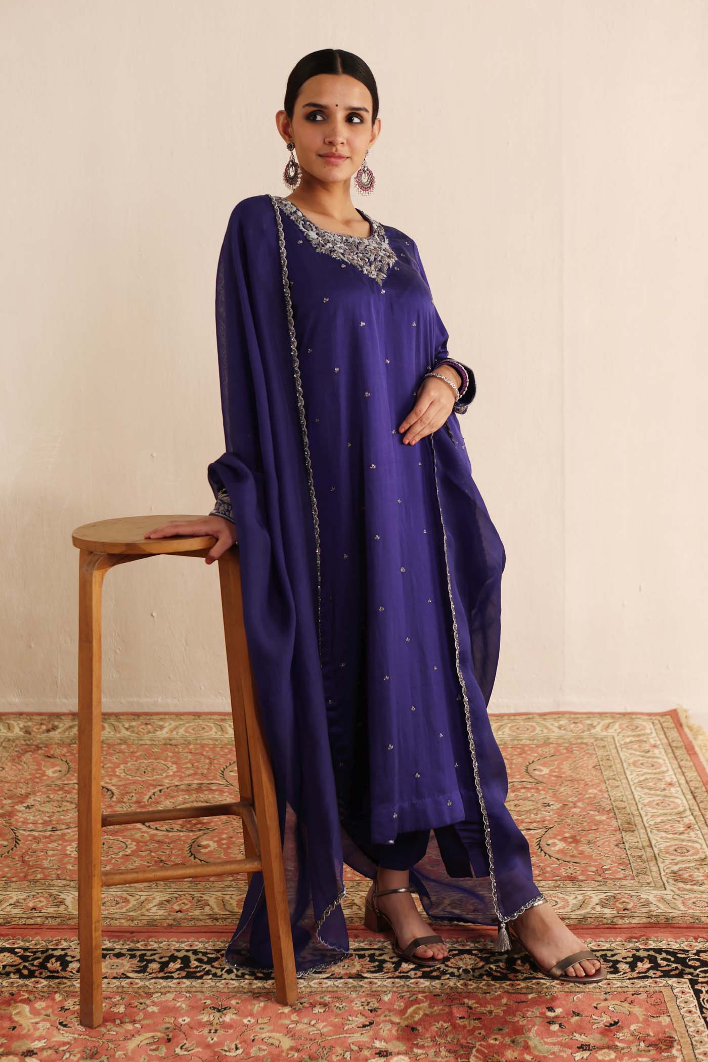 Royal-Blue Hand-Embroidered Handloom Pure Mashru-Silk (Katan Silk & Cotton) Kurta-Pants Set