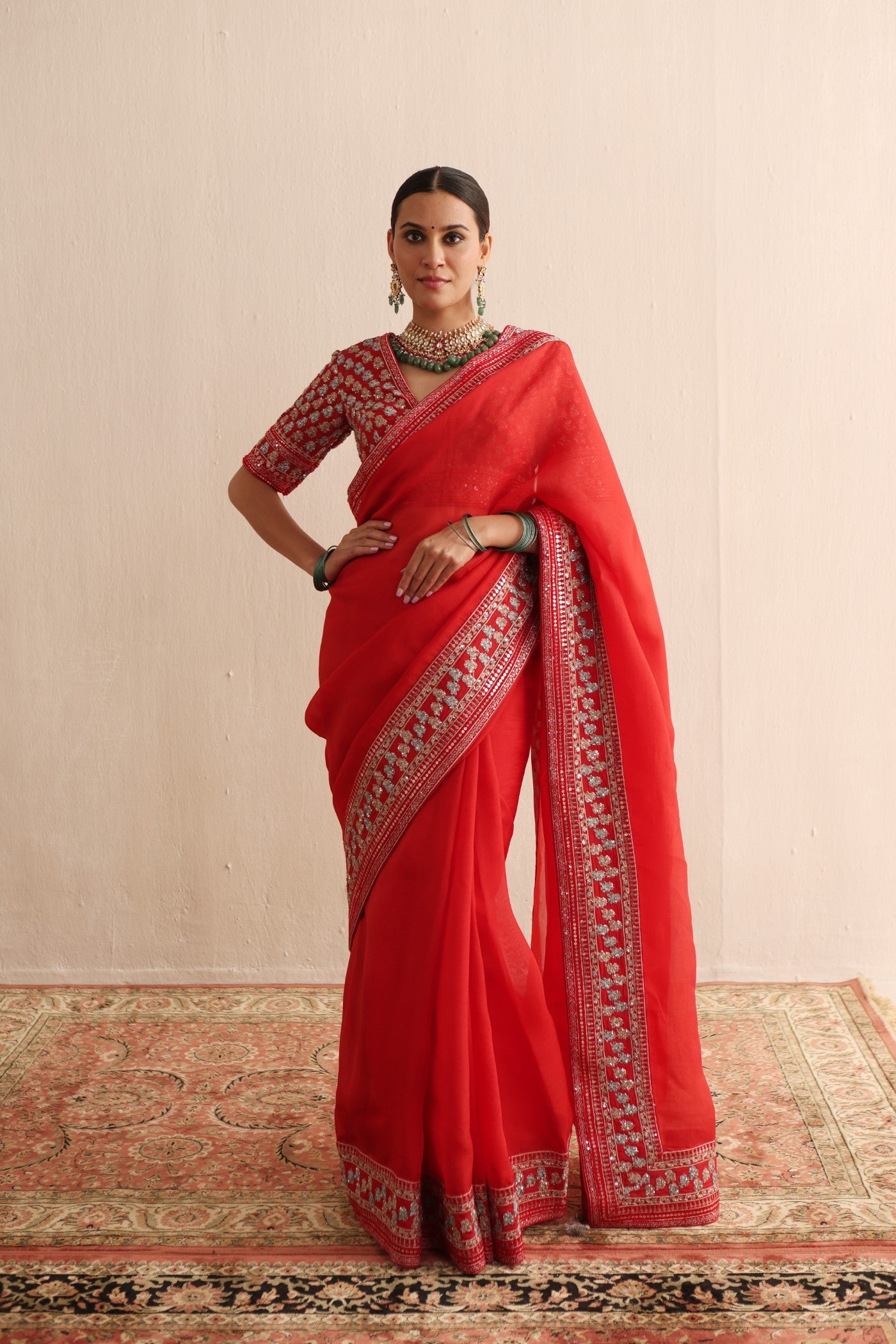 TOMATO RED AND-EMBROIDERED PURE SILK-ORGANZA SAREE WITH PURE CREPE BLOUSE SET