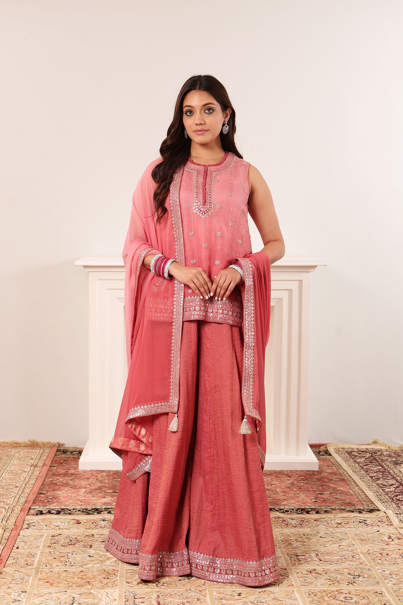 Candy-Pink Embroidered Pure Silk-Organza Short-Kurta-Sharara Set