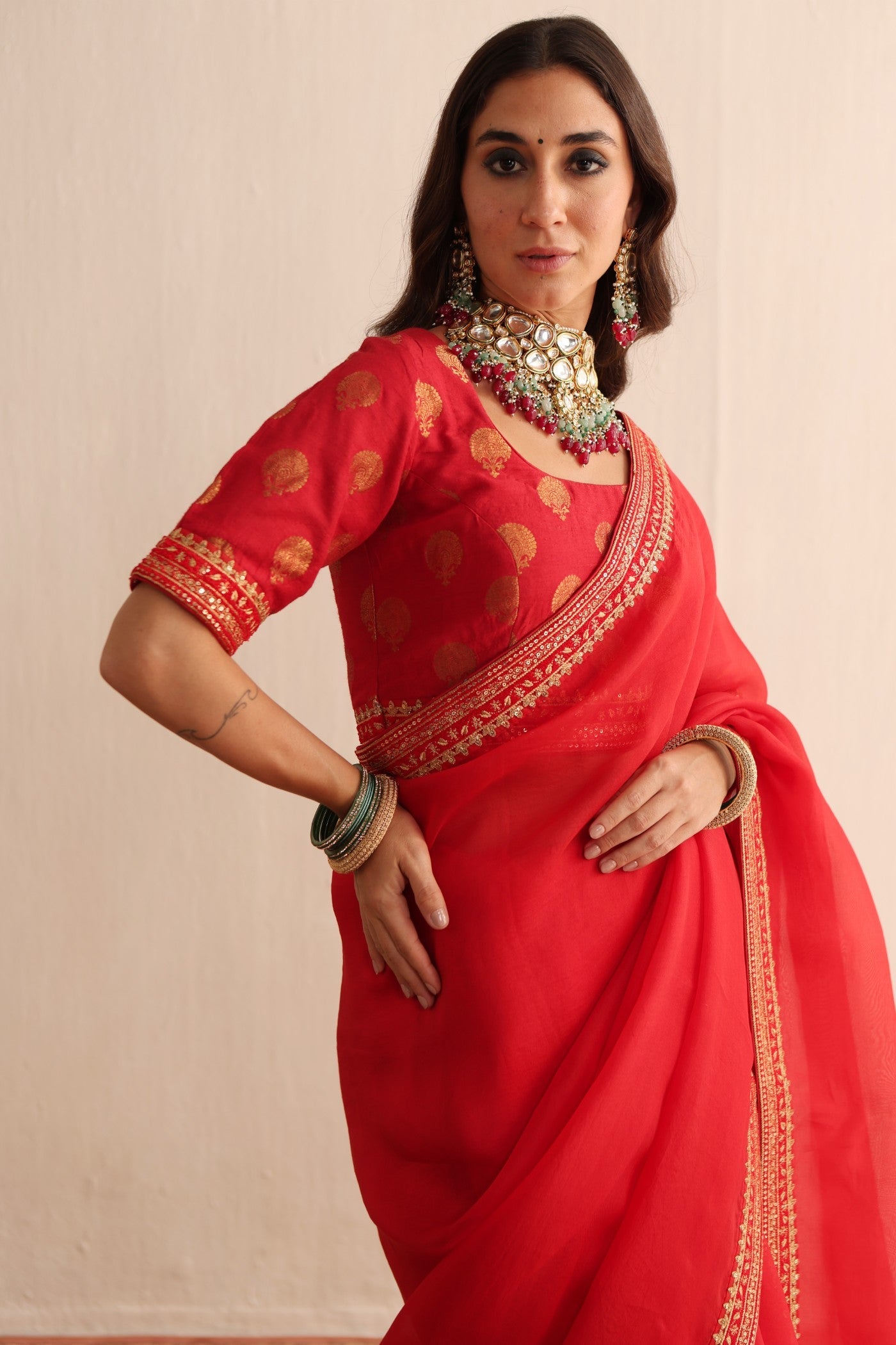 Tomato-Red Embroidered Pure Silk-Organza Saree-Blouse Set