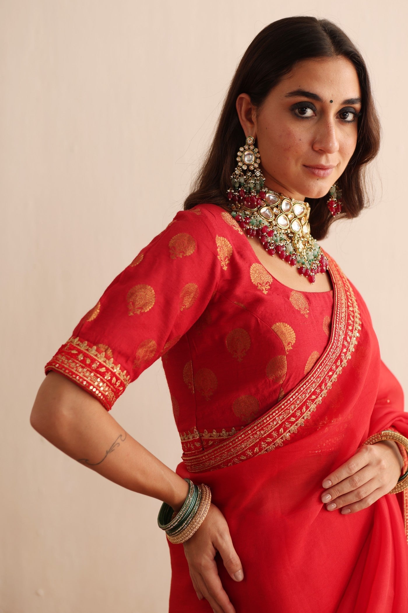 Tomato-Red Embroidered Pure Silk-Organza Saree-Blouse Set