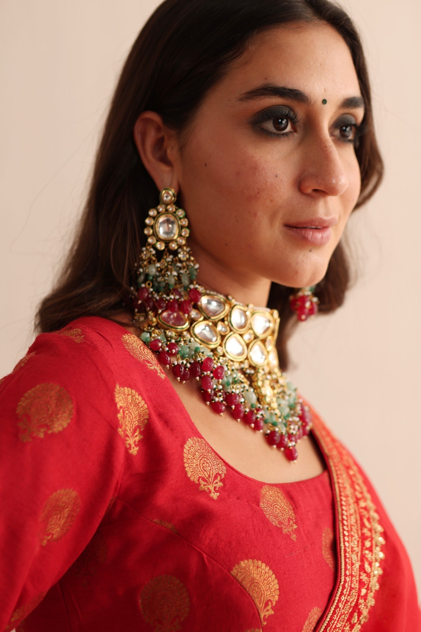 Tomato-Red Embroidered Pure Silk-Organza Saree-Blouse Set