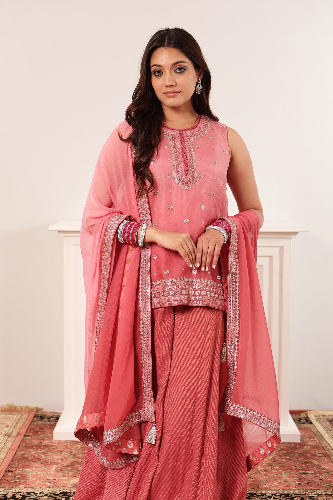 Candy-Pink Embroidered Pure Silk-Organza Short-Kurta-Sharara Set