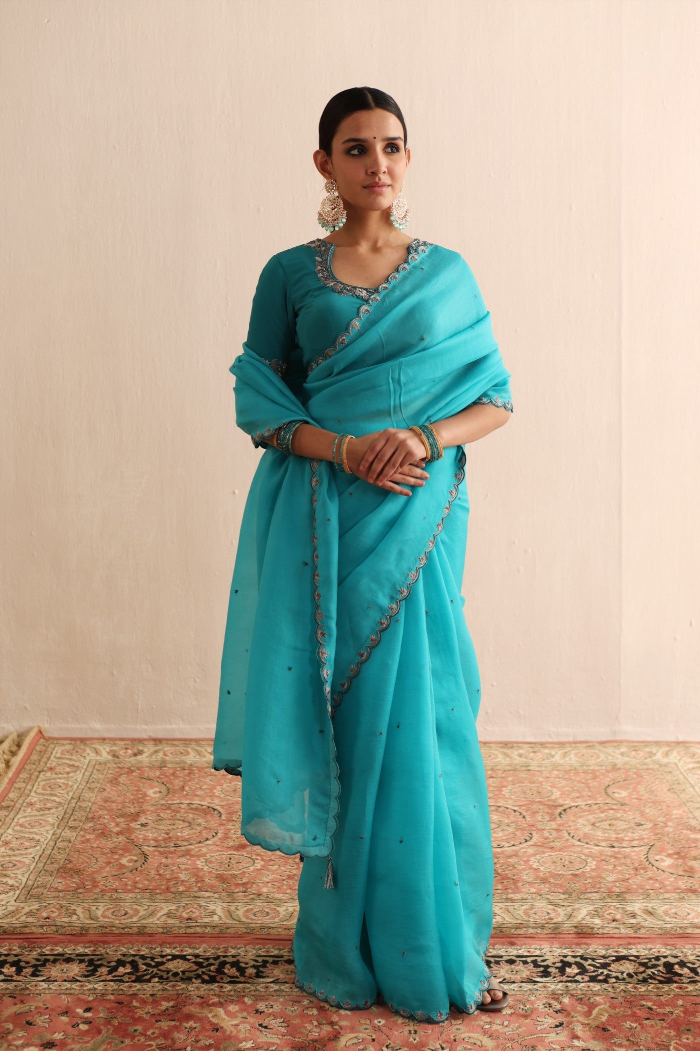 BLUEBIRD BLUE HAND-EMBROIDERED PURE SILK-ORGANZA SAREE WITH ENAMEL-BLUE PURE CREPE-SILK BLOUSE SET