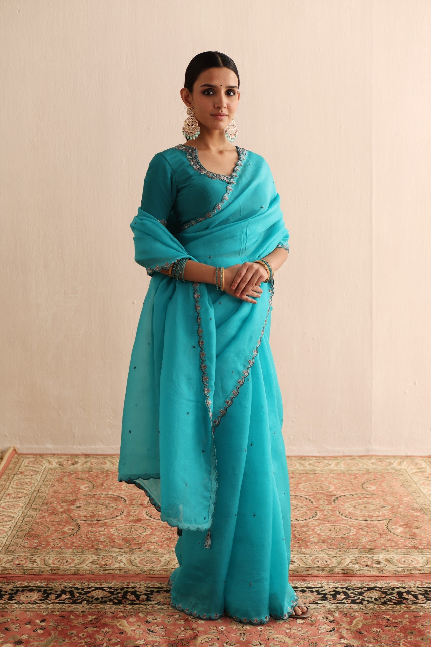 BLUEBIRD BLUE HAND-EMBROIDERED PURE SILK-ORGANZA SAREE WITH ENAMEL-BLUE PURE CREPE-SILK BLOUSE SET