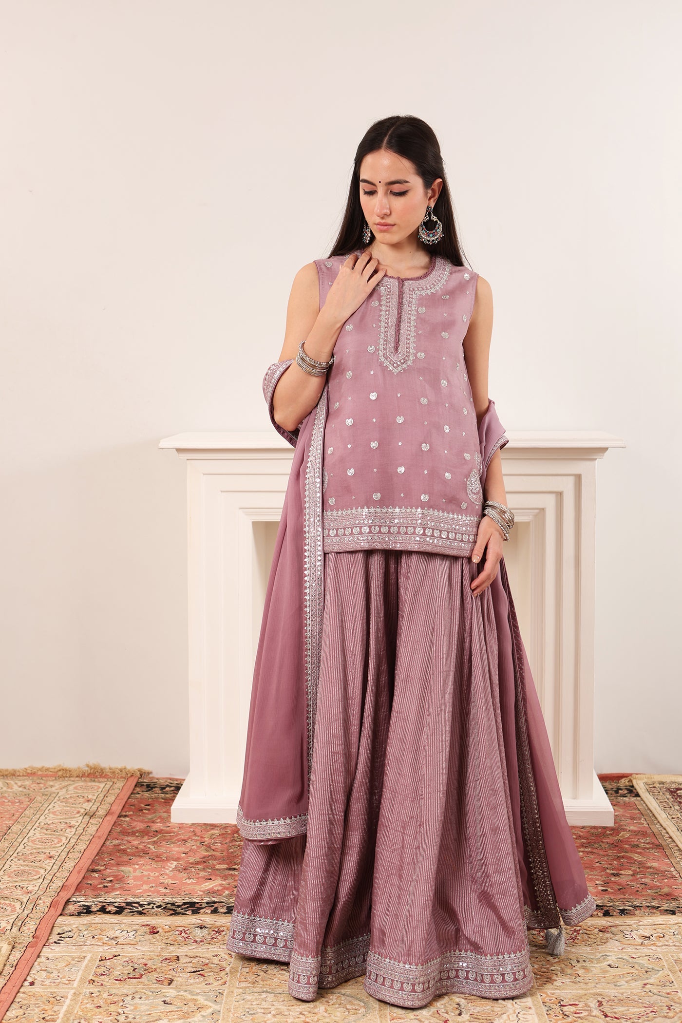 Lavender Embroidered Pure Silk-Organza Short-Kurta-Sharara Set