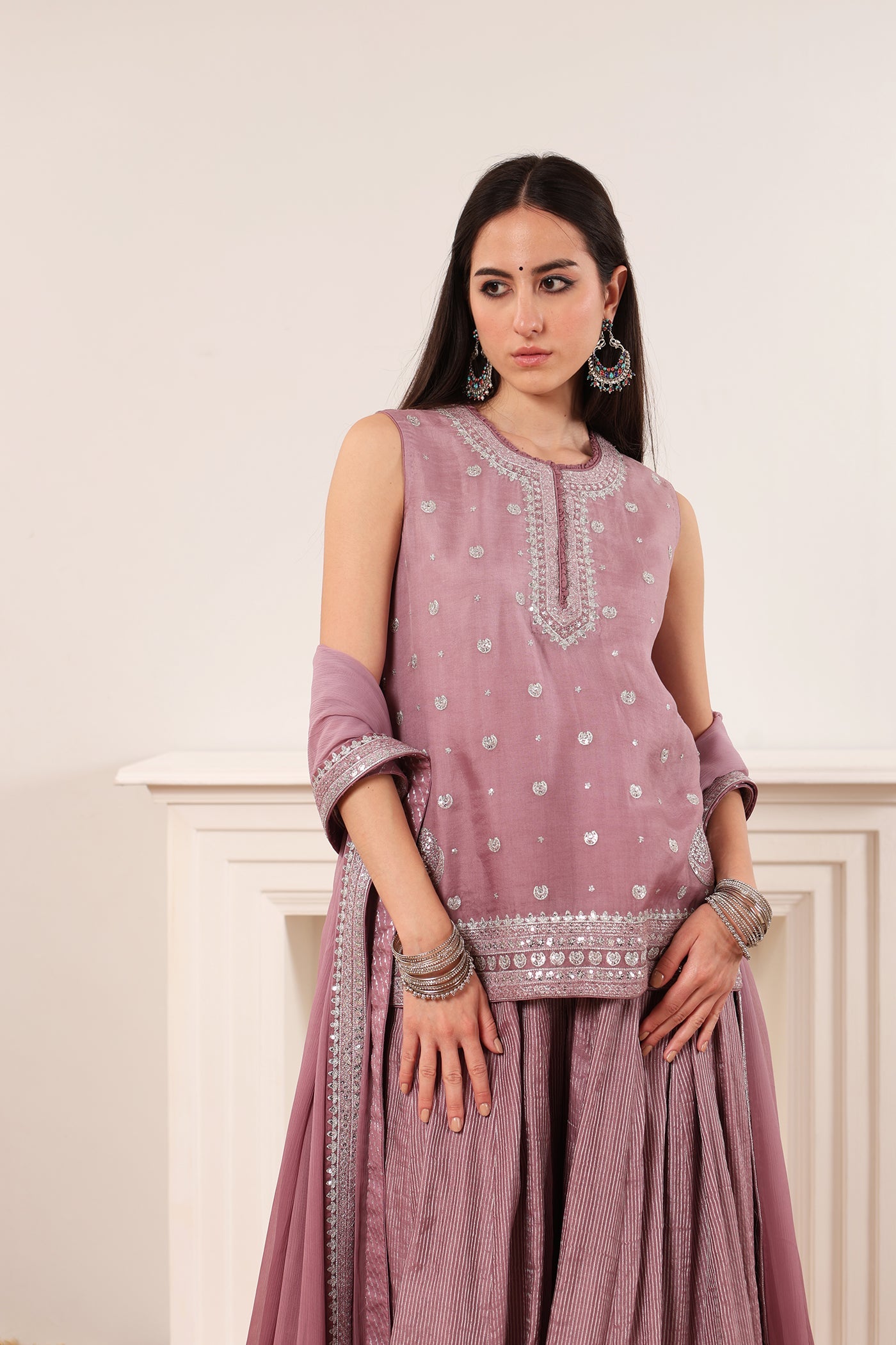 Lavender Embroidered Pure Silk-Organza Short-Kurta-Sharara Set