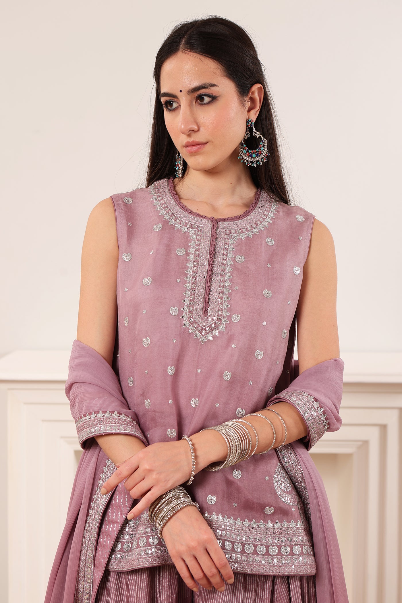 Lavender Embroidered Pure Silk-Organza Short-Kurta-Sharara Set