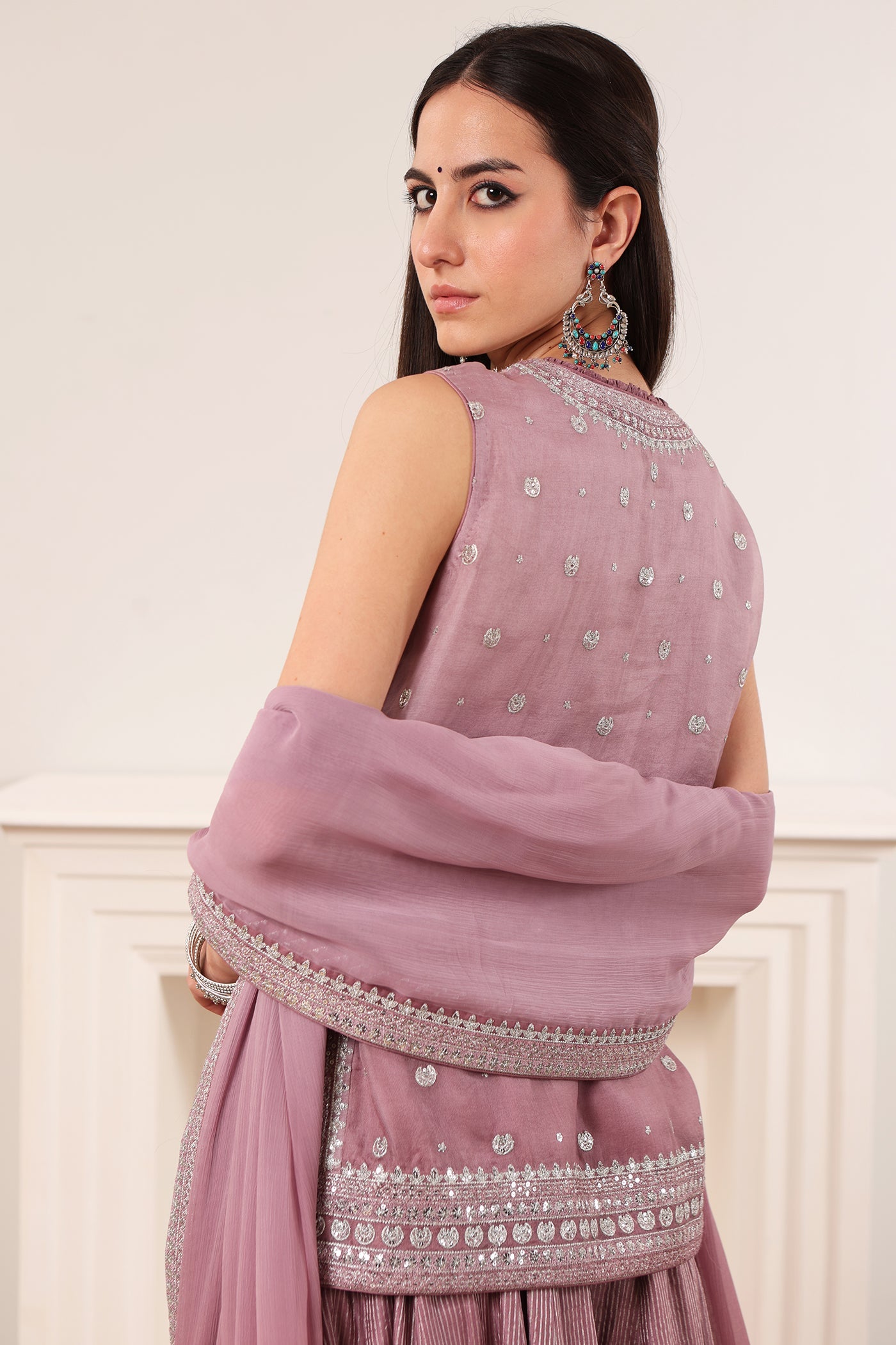 Lavender Embroidered Pure Silk-Organza Short-Kurta-Sharara Set