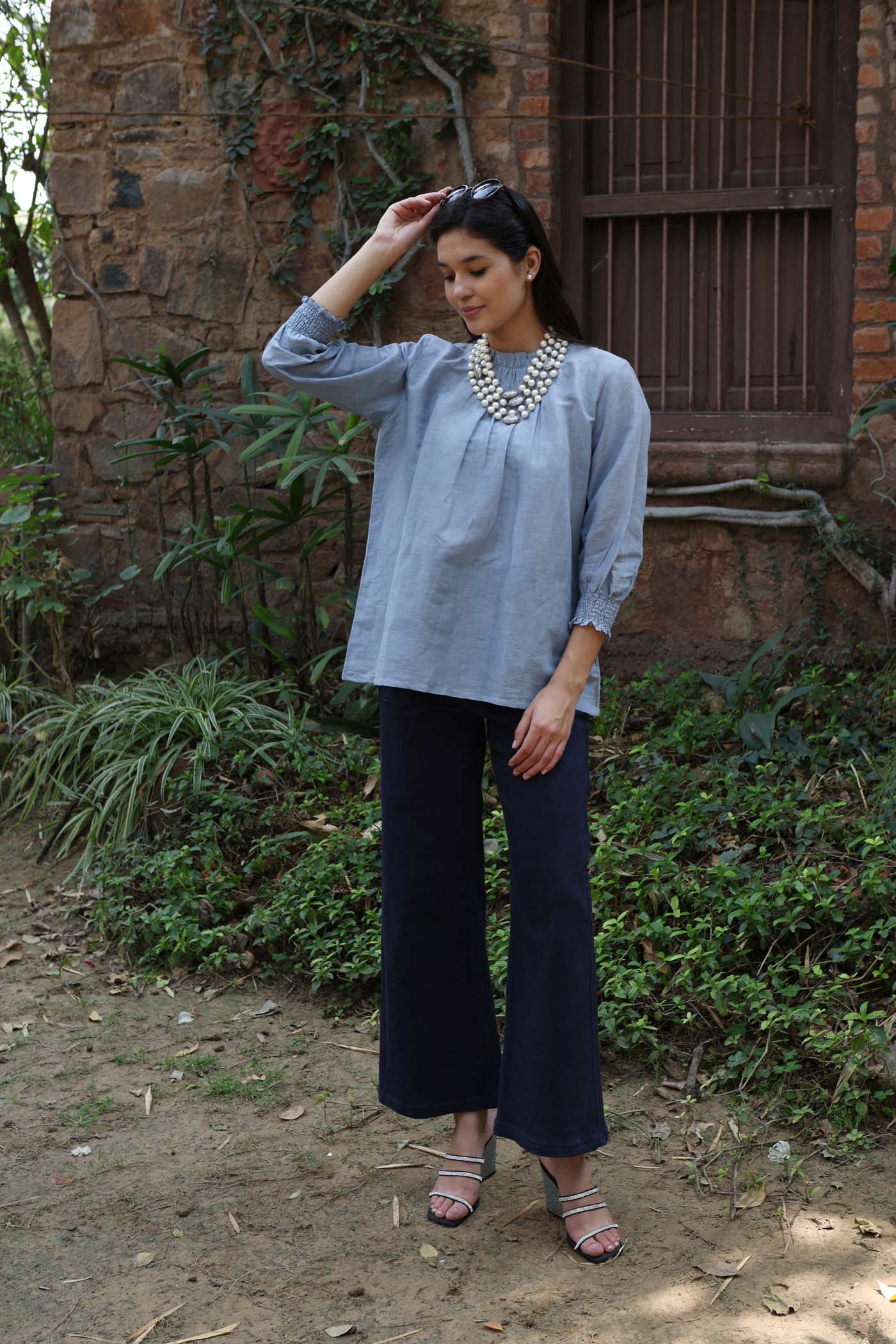 Shadow-Blue Handloom Pure Linen-Cotton Short Tunic With Frilled Band Collar, Gathers And Smocked Cuffs