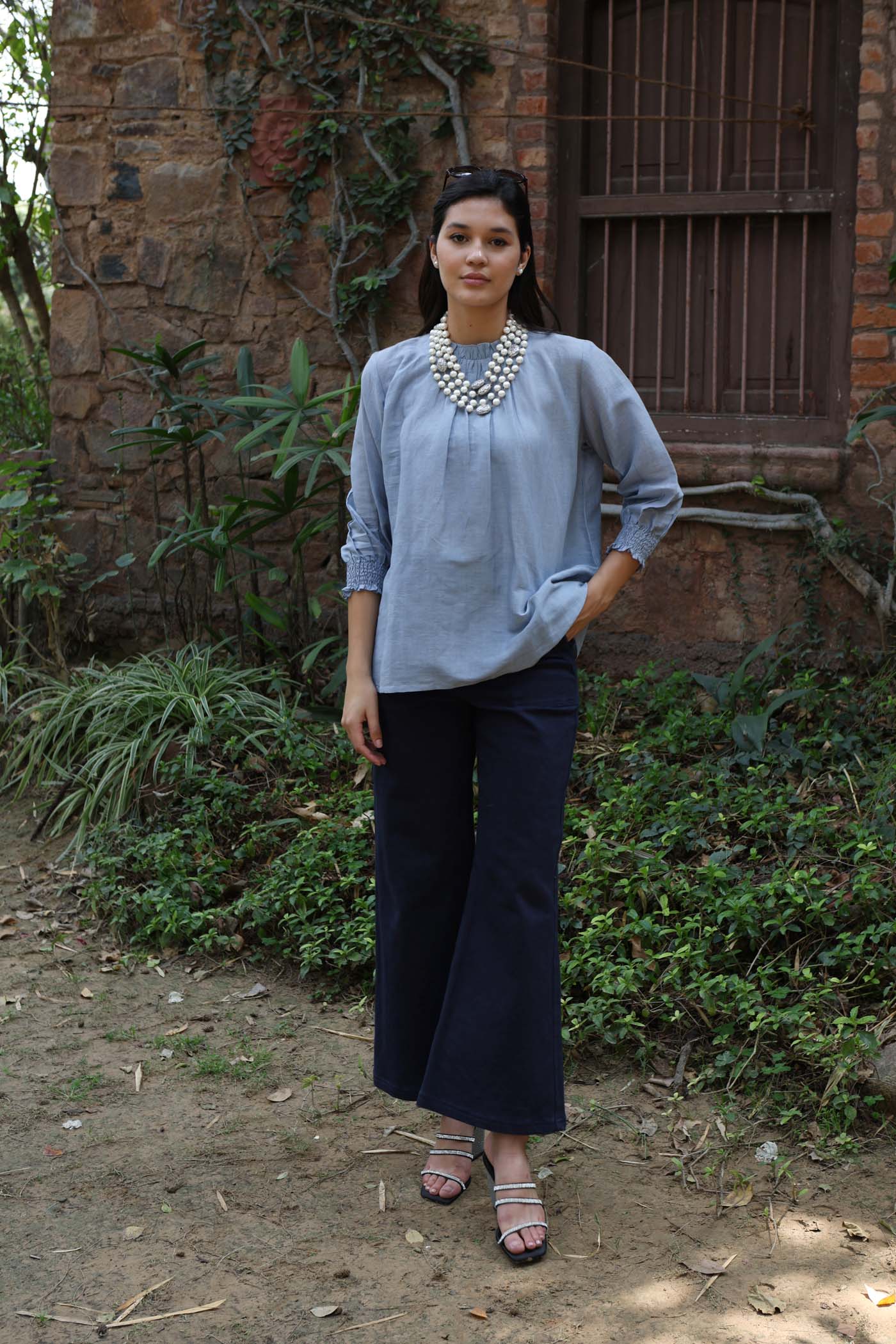 Shadow-Blue Handloom Pure Linen-Cotton Short Tunic With Frilled Band Collar, Gathers And Smocked Cuffs
