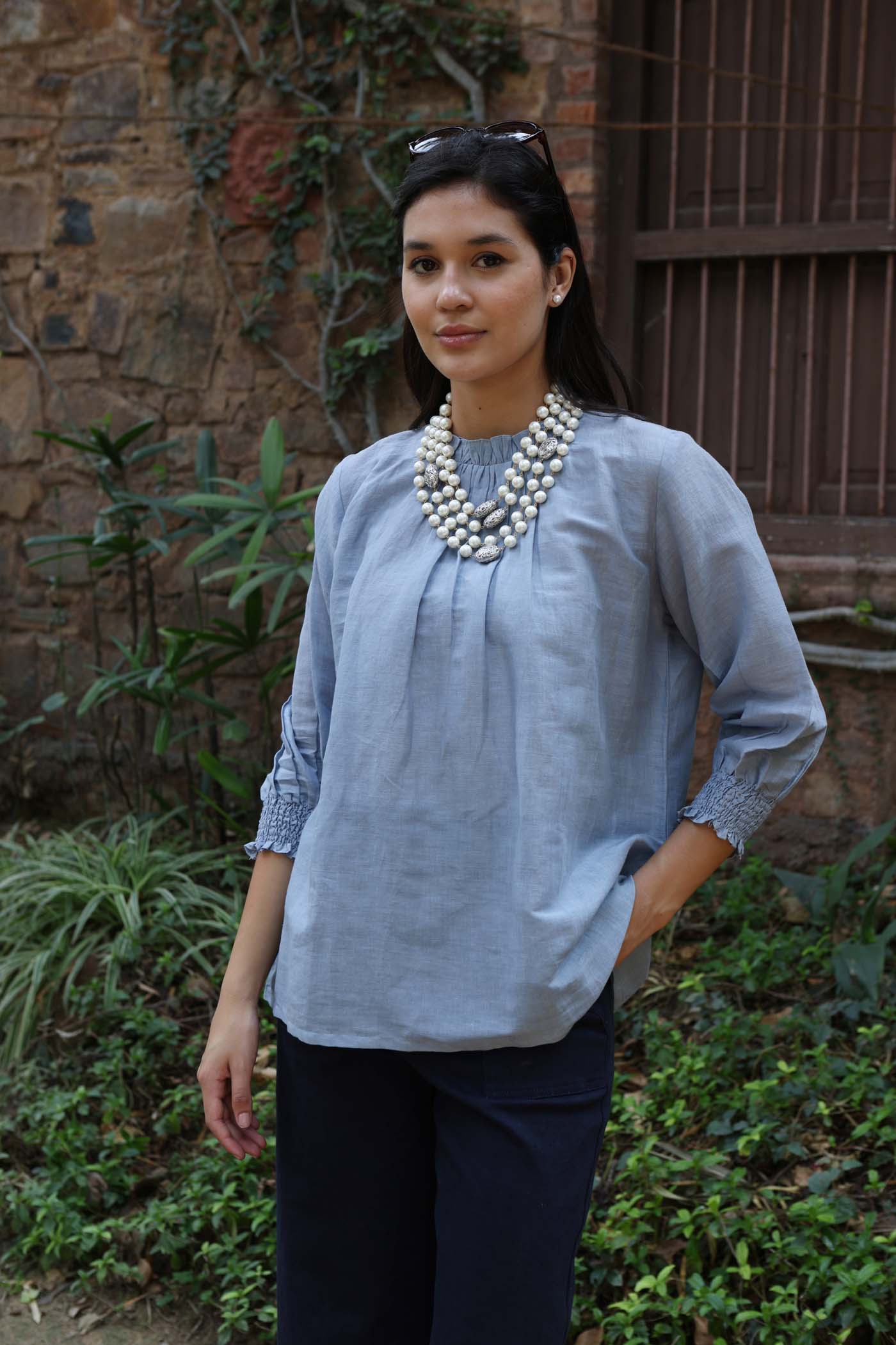 Shadow-Blue Handloom Pure Linen-Cotton Short Tunic With Frilled Band Collar, Gathers And Smocked Cuffs