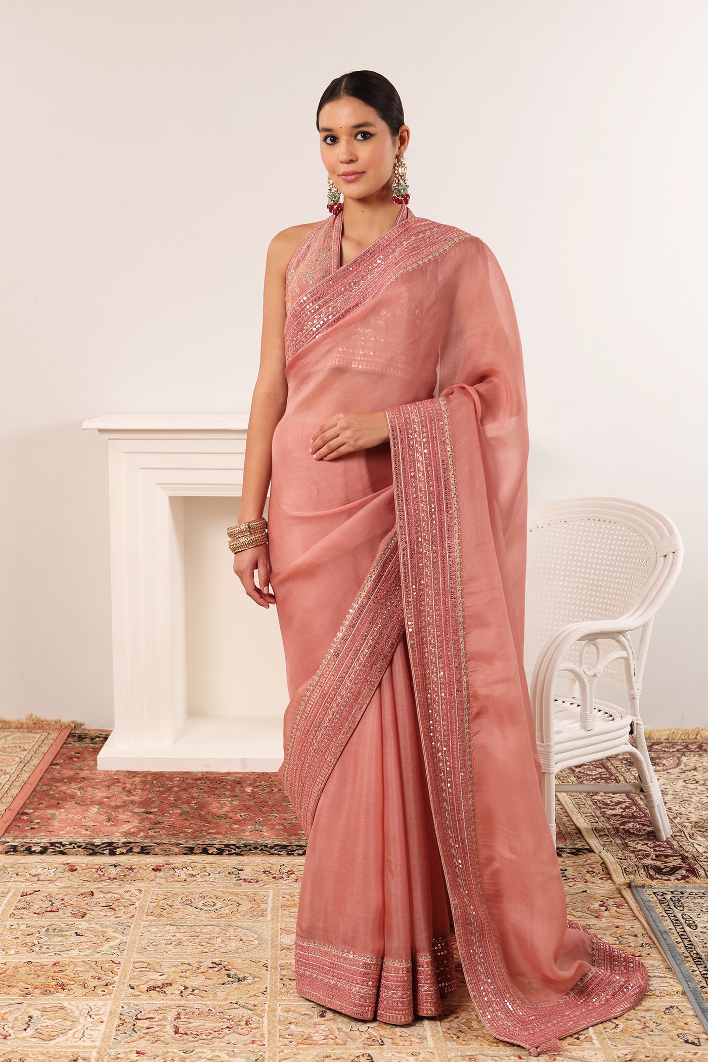 Dusty-Pink Embroidered Pure Silk-Organza Saree-Blouse Set
