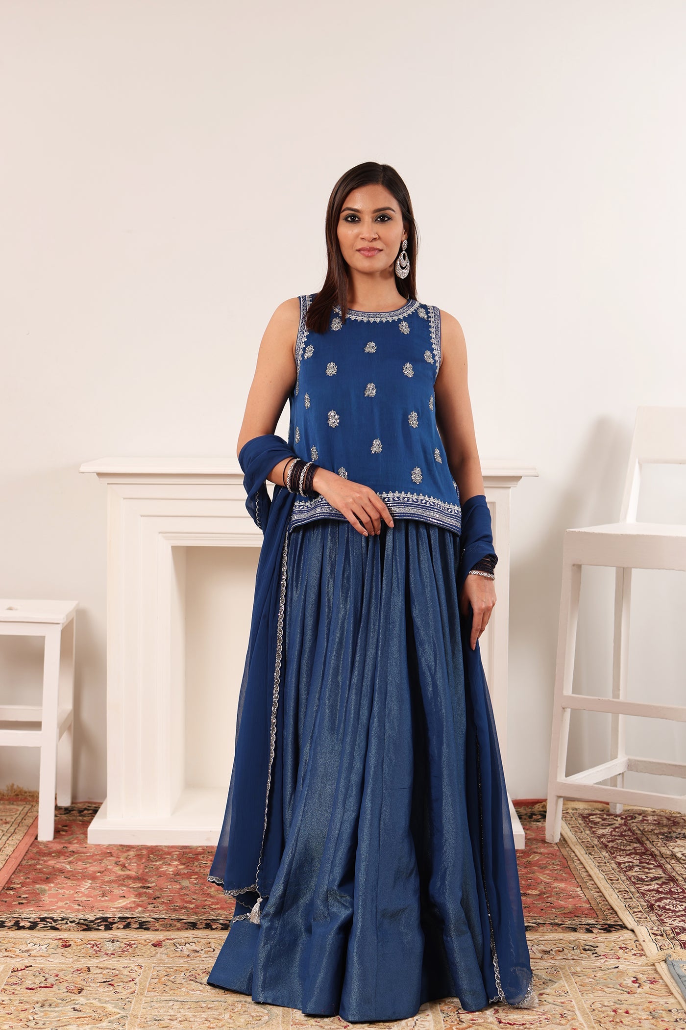 Royal-Blue Hand-Embroidered Silk-Tissue Lehenga-Set With Satin Kurti & Chiffon Dupatta