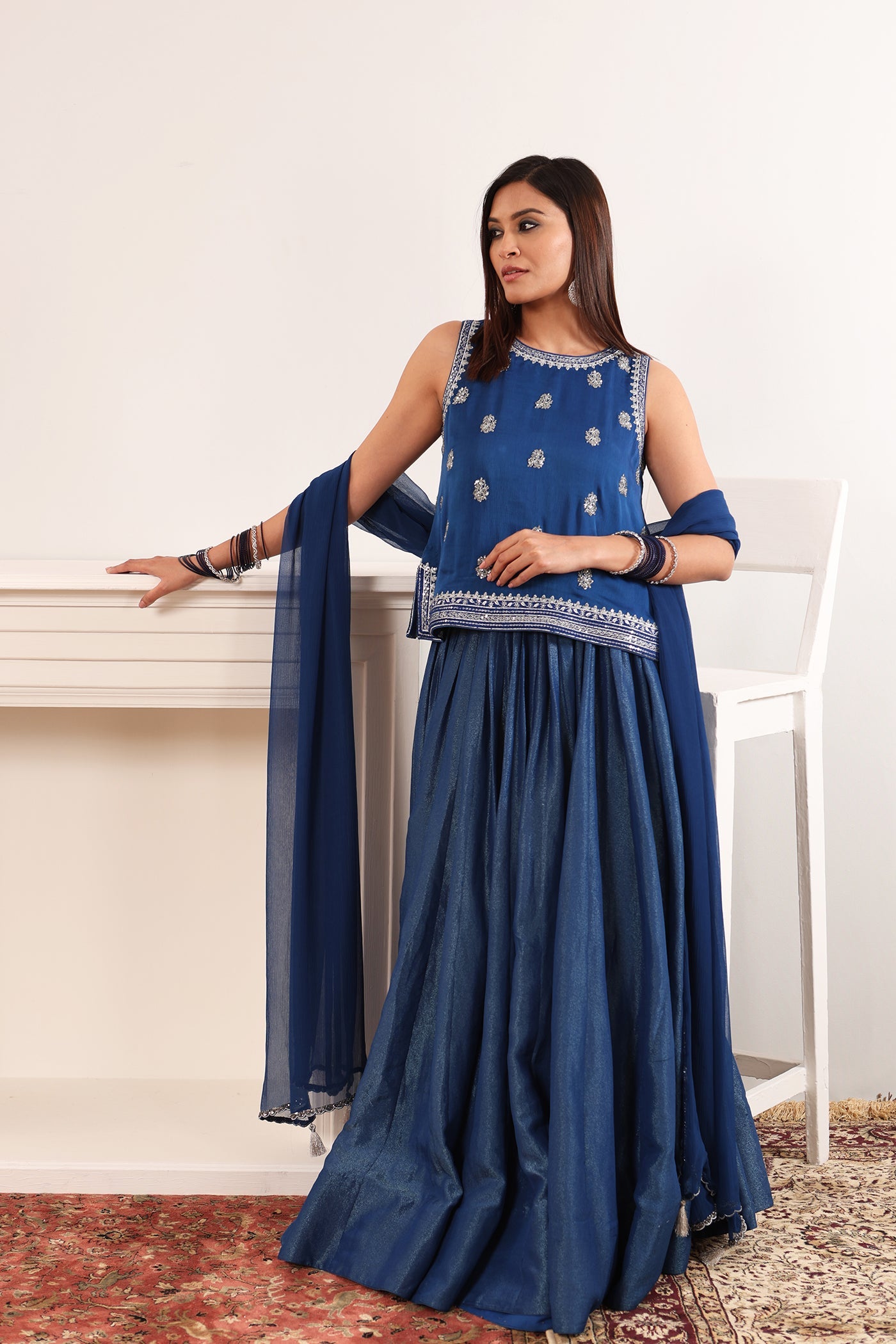 Royal-Blue Hand-Embroidered Silk-Tissue Lehenga-Set With Satin Kurti & Chiffon Dupatta