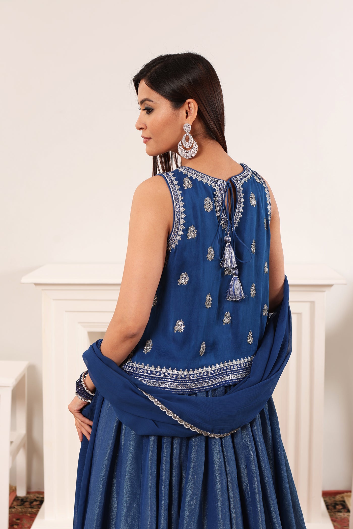 Royal-Blue Hand-Embroidered Silk-Tissue Lehenga-Set With Satin Kurti & Chiffon Dupatta