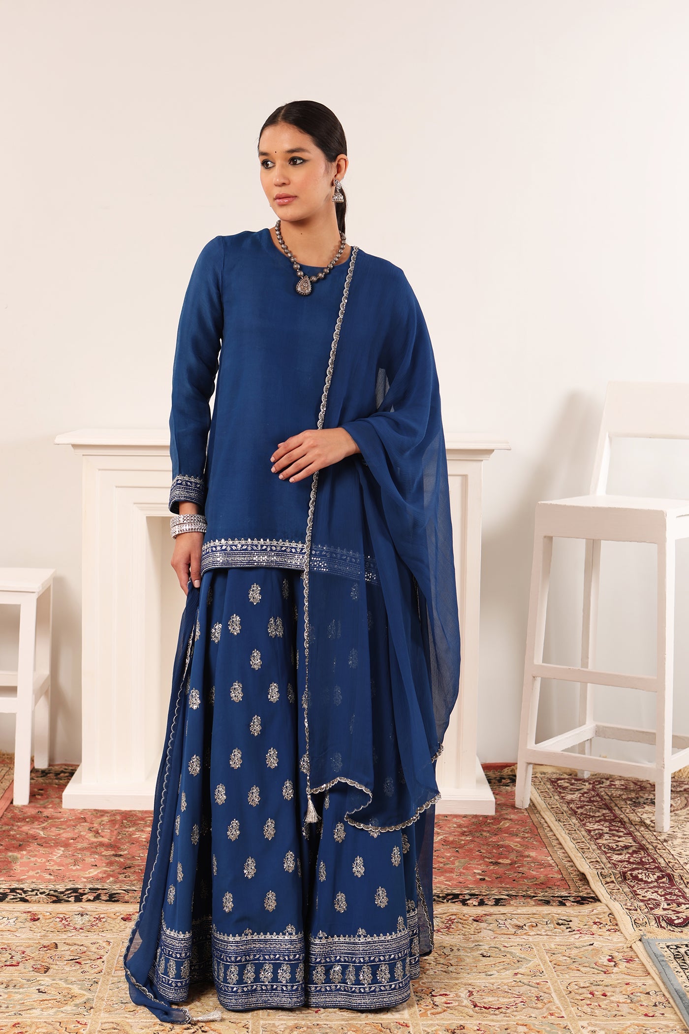 Royal-Blue Hand-Embroidered Pure Silk-Organza Short-Kurta-Sharara Set