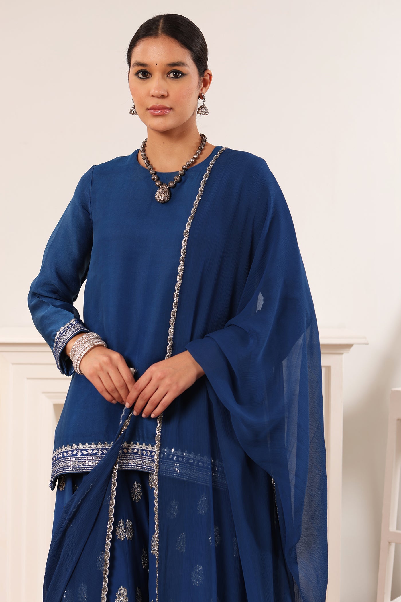 Royal-Blue Hand-Embroidered Pure Silk-Organza Short-Kurta-Sharara Set