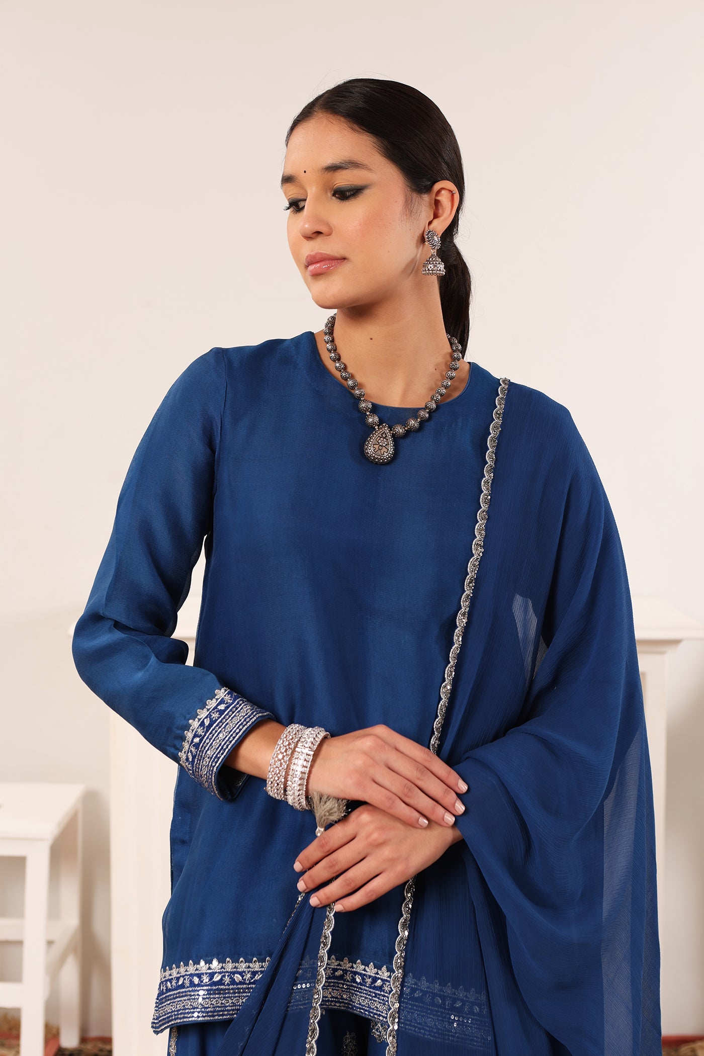 Royal-Blue Hand-Embroidered Pure Silk-Organza Short-Kurta-Sharara Set