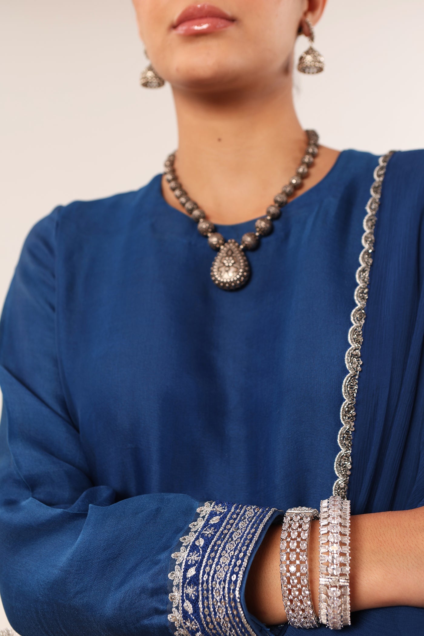 Royal-Blue Hand-Embroidered Pure Silk-Organza Short-Kurta-Sharara Set