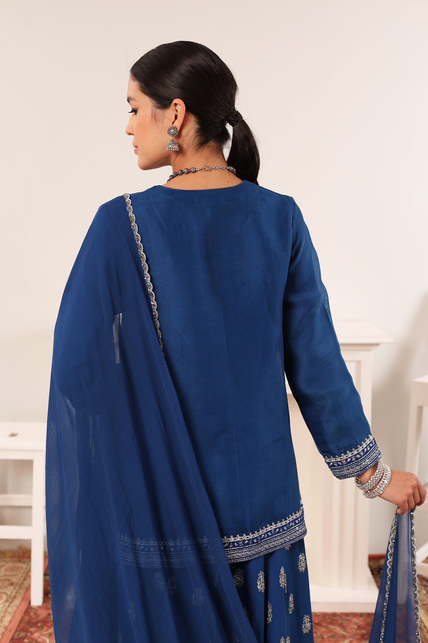 Royal-Blue Hand-Embroidered Pure Silk-Organza Short-Kurta-Sharara Set
