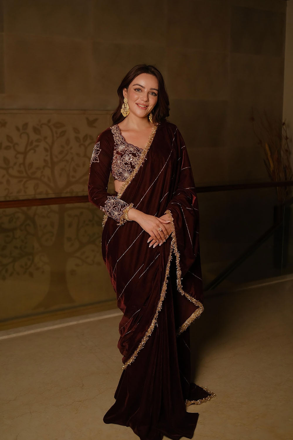 Wine Velvet Pre-Draped Sharara Saree with Sequined Blouse