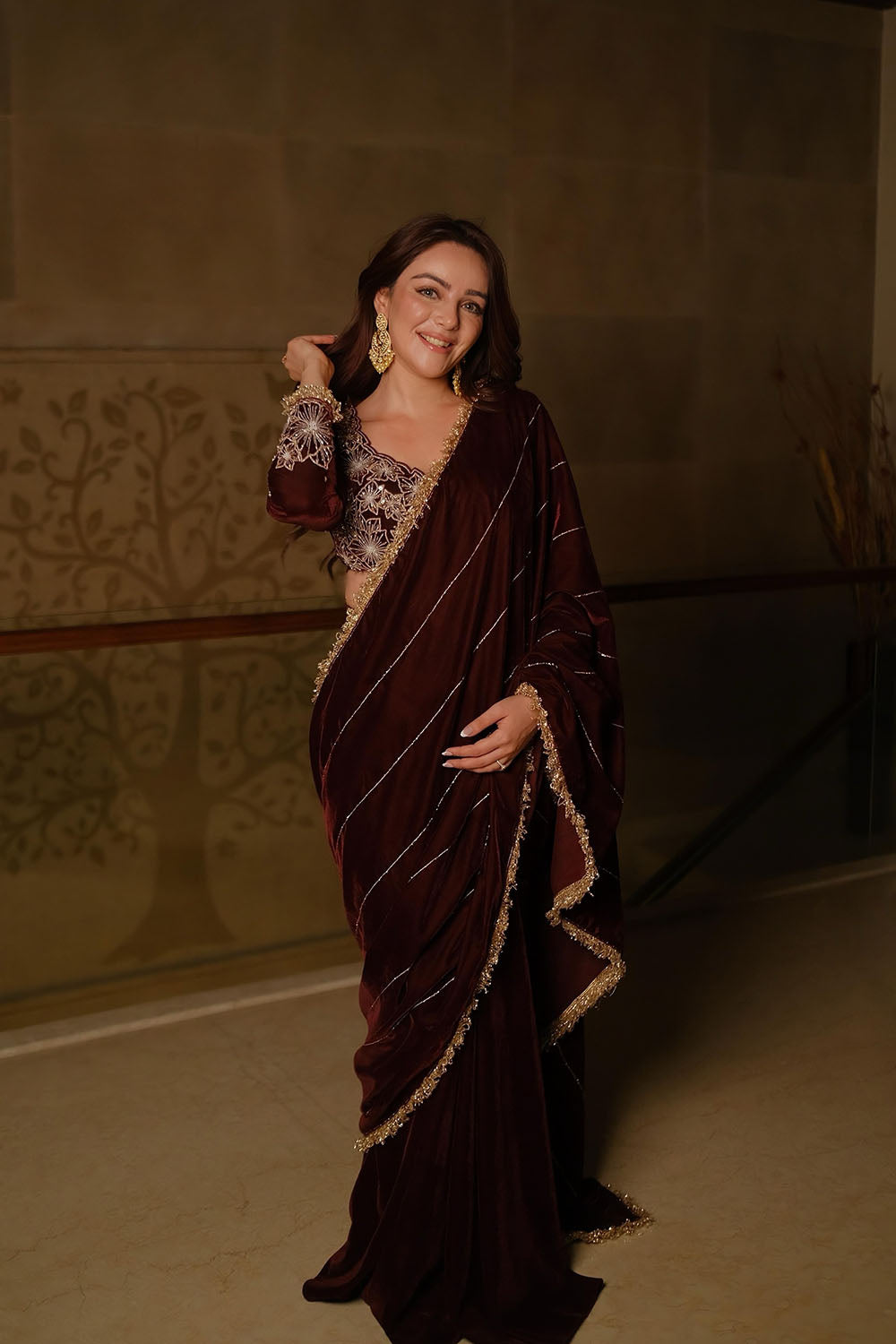 Wine Velvet Pre-Draped Sharara Saree with Sequined Blouse