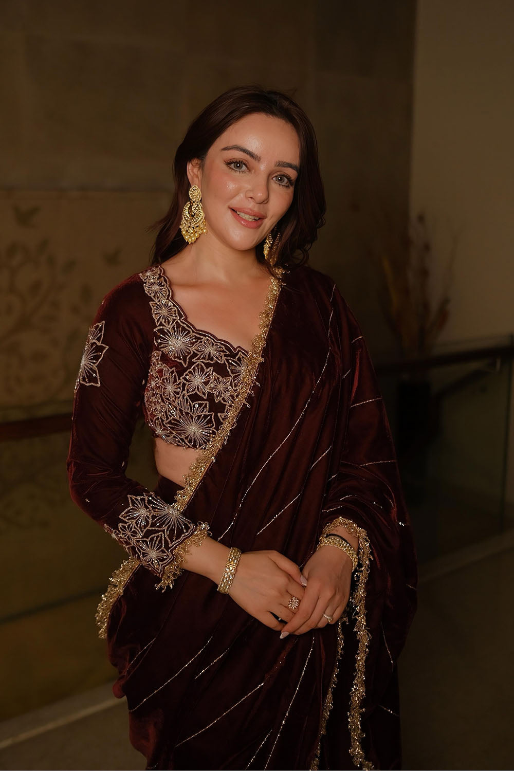Wine Velvet Pre-Draped Sharara Saree with Sequined Blouse
