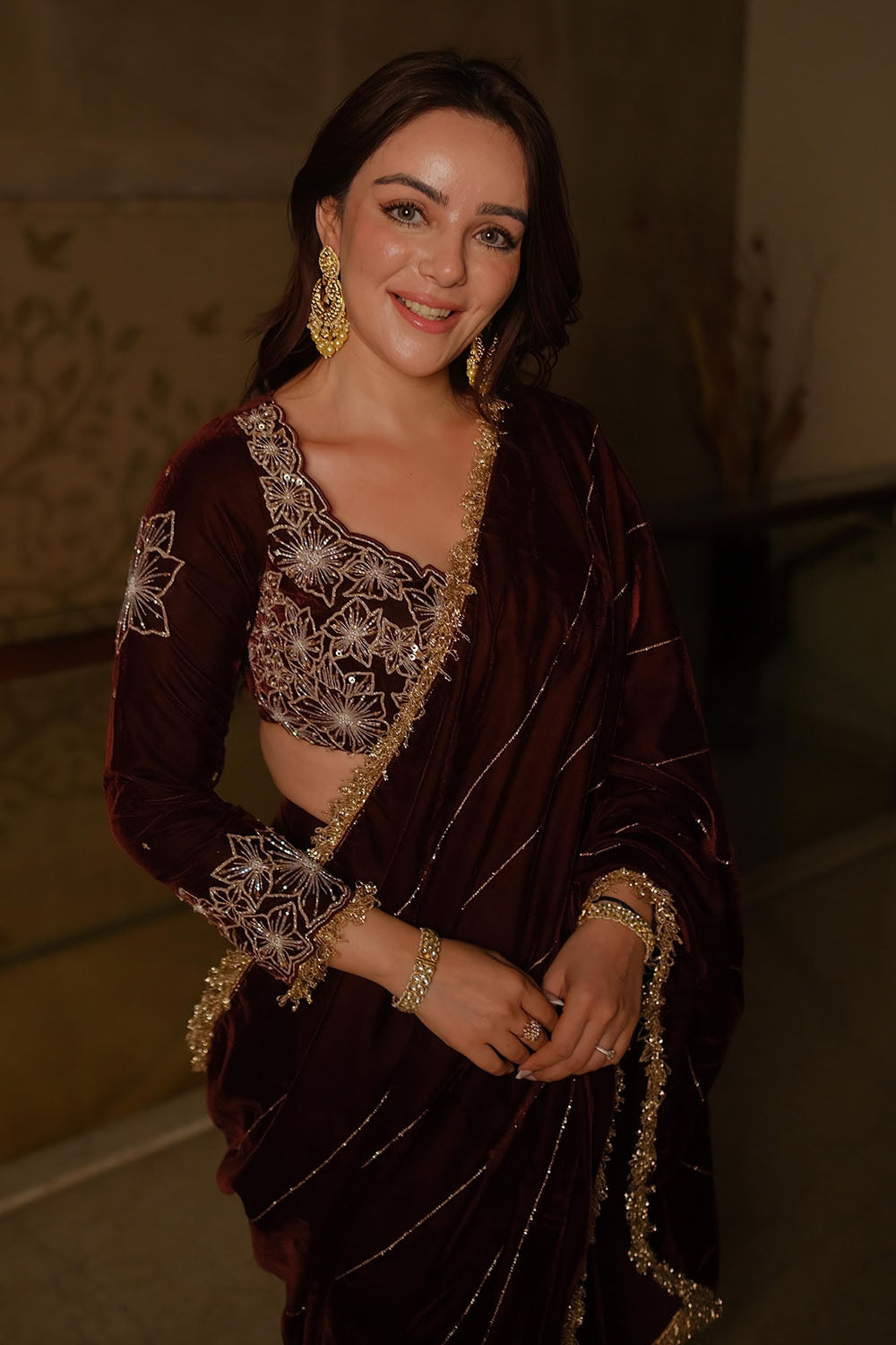 Wine Velvet Pre-Draped Sharara Saree with Sequined Blouse
