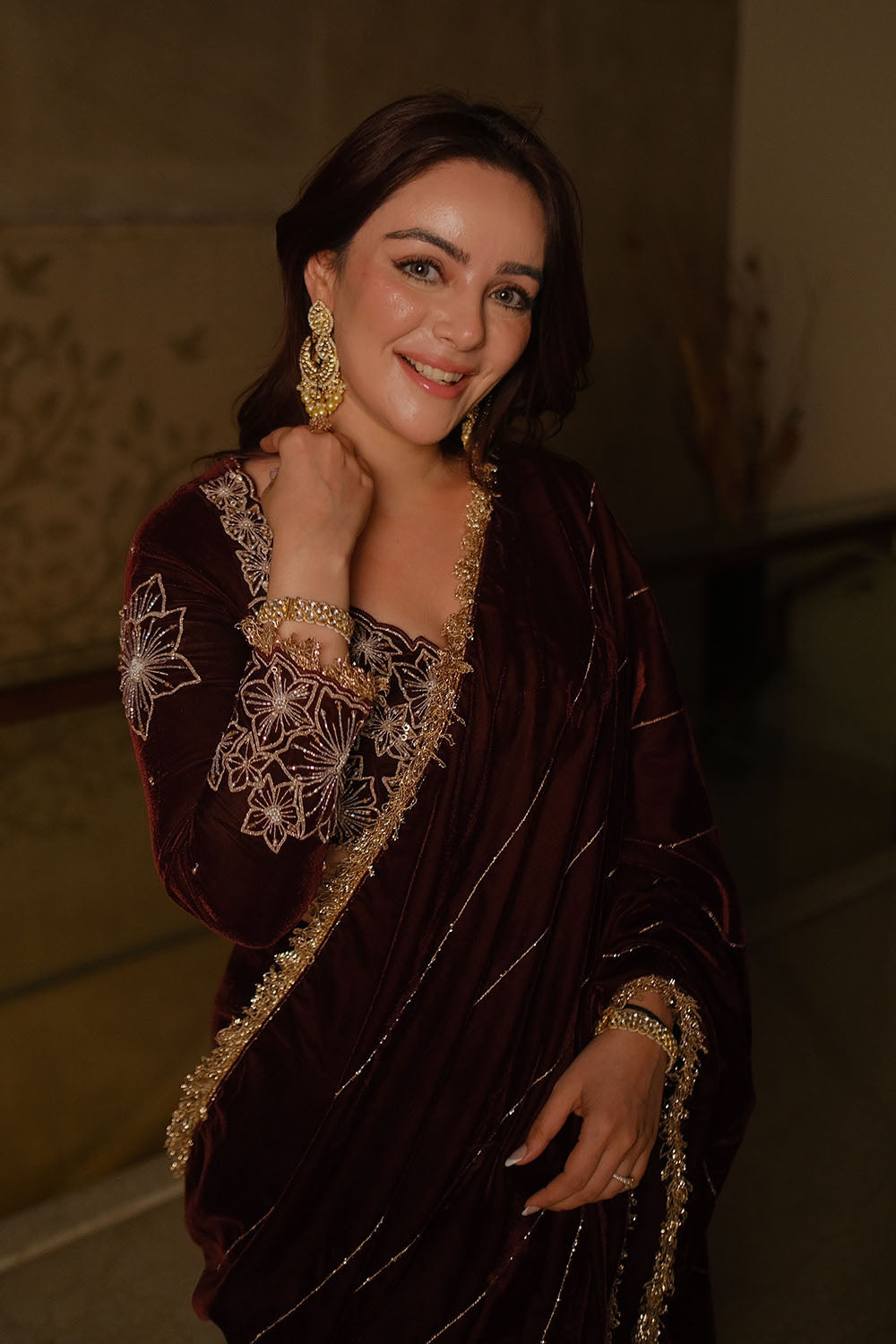 Wine Velvet Pre-Draped Sharara Saree with Sequined Blouse