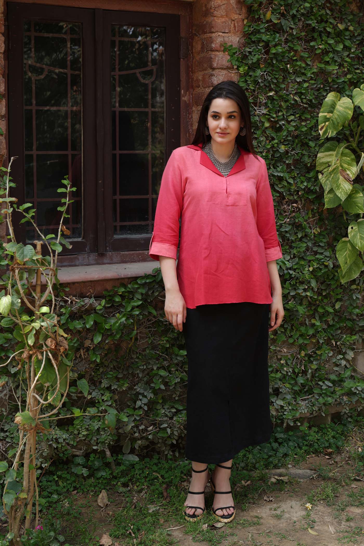 Pure Linen-Cotton Ombre-Dyed Coral-Red Collared Short Tunic With Upturned Cuffs