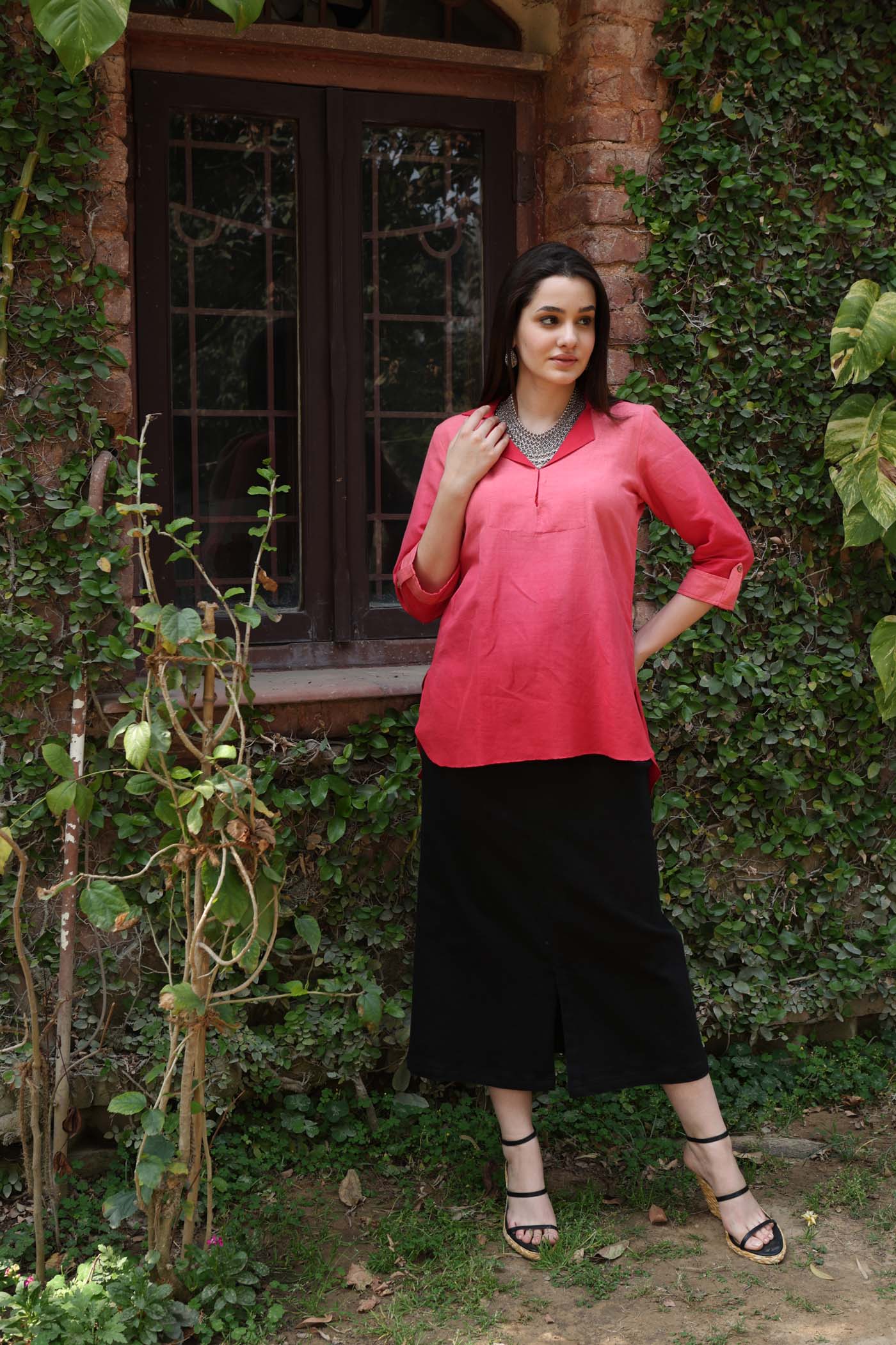 Pure Linen-Cotton Ombre-Dyed Coral-Red Collared Short Tunic With Upturned Cuffs