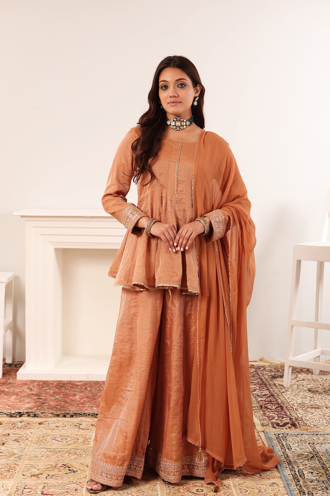 Dusty Dark-Brown Embroidered Peplum-Sytle Pure Silk-Cotton Tissue Short-Kurta-Sharara Set Paired With Chiffon Dupatta