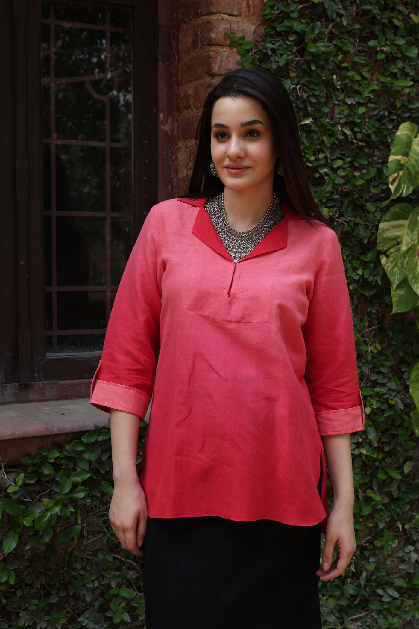 Pure Linen-Cotton Ombre-Dyed Coral-Red Collared Short Tunic With Upturned Cuffs